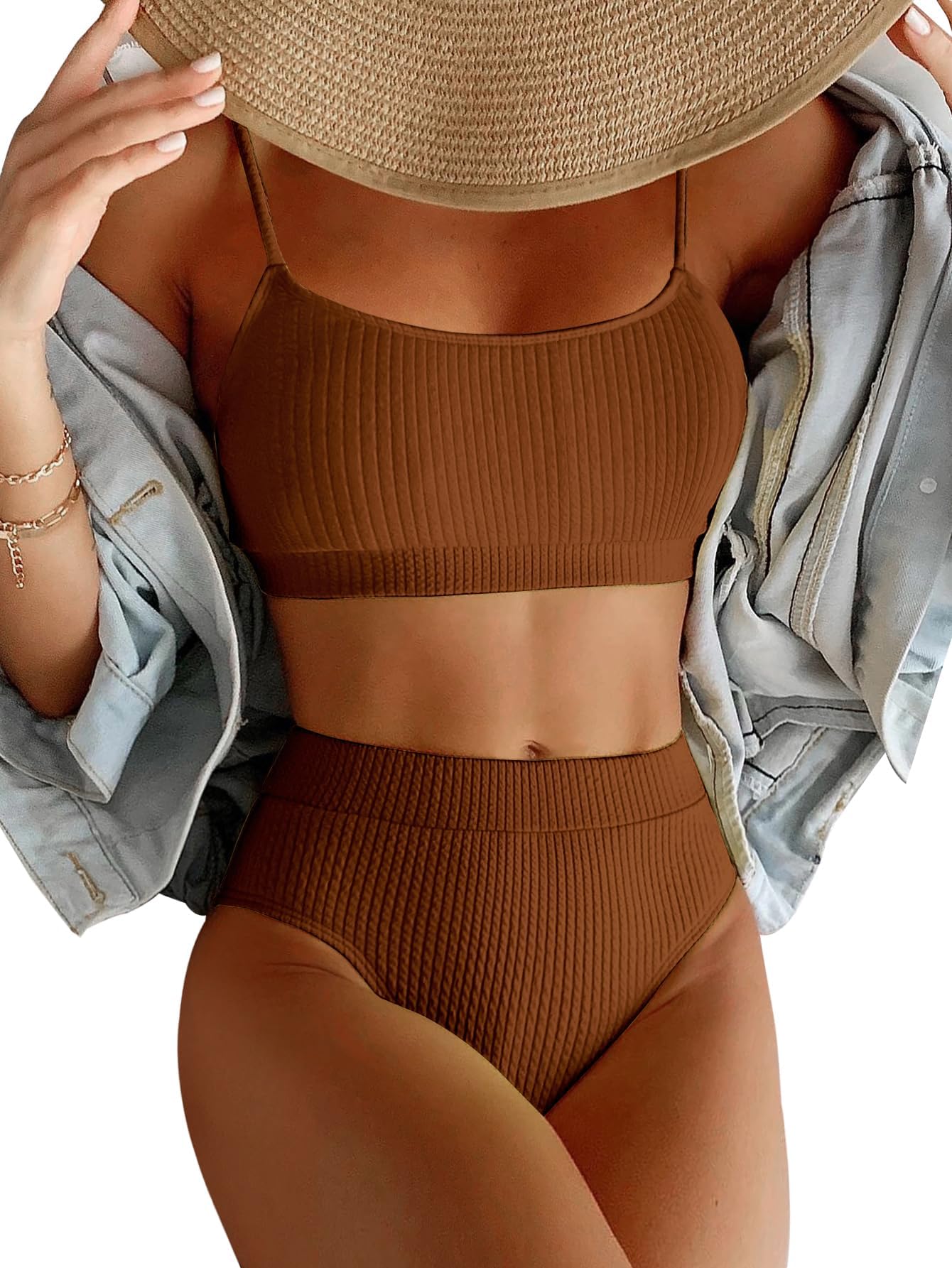 LilosyHigh Waisted Tummy Control Ribbed Bikini Crop Top Brazilian Swimsuit Set 2 Piece