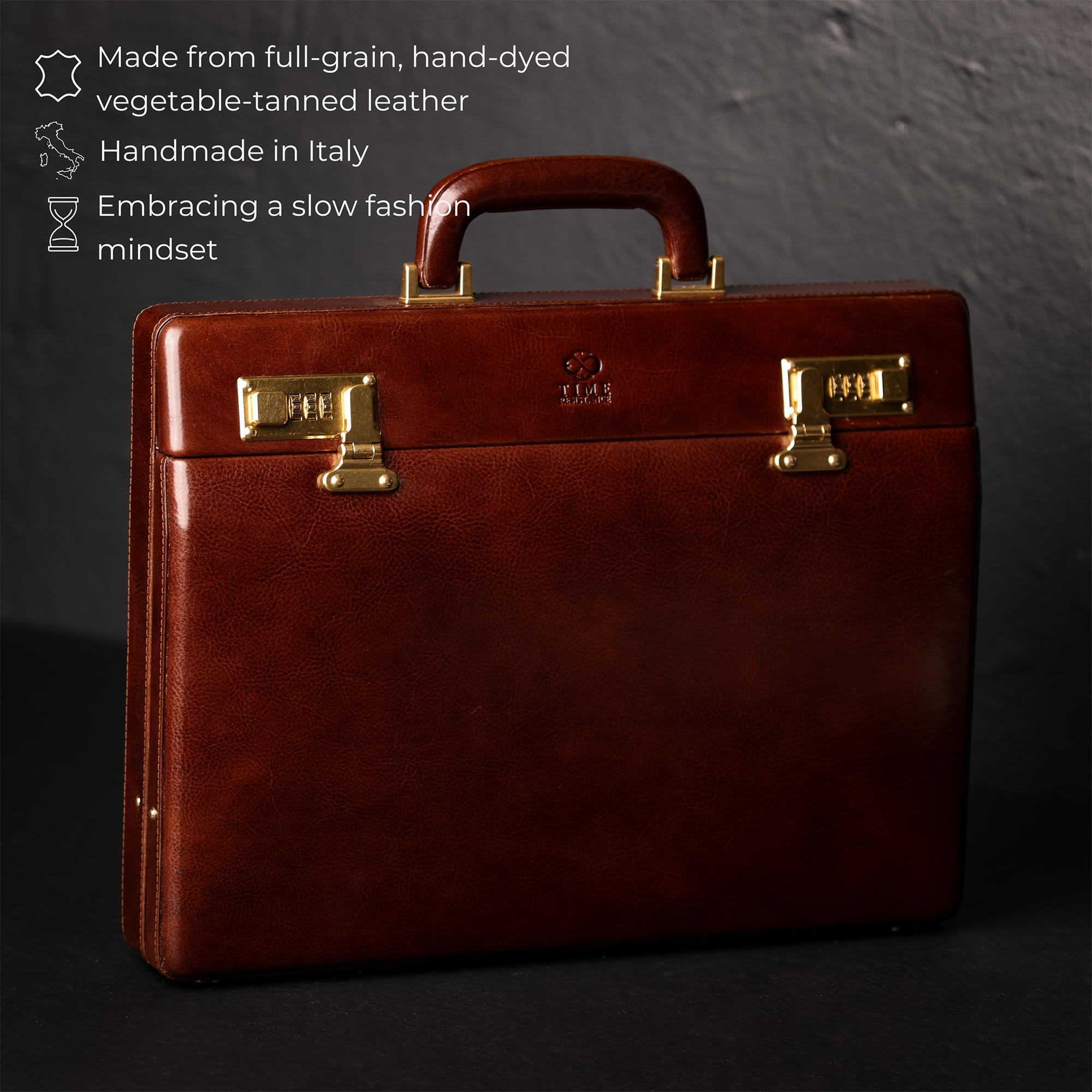 Time Resistance Leather Attache Case - Aktówka z włoskiej skóry licowej - Torba na laptopa do 15 cali - Twarde etui z zamkiem