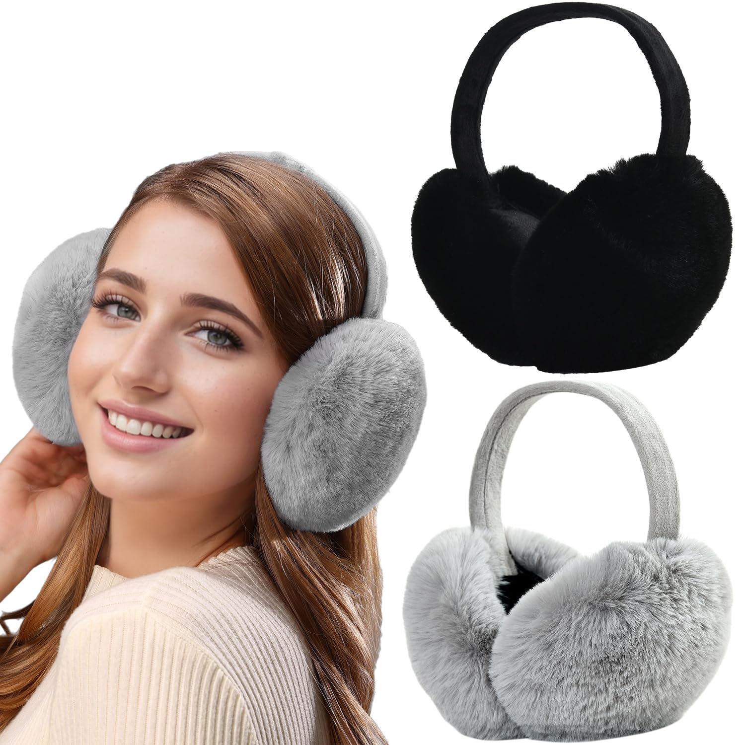 Dwenarry Women's Black Earmuffs + Grey Earmuffs Winter Ear Muffs Warm Faux Fur Earmuffs Foldable Ear Warmer Ear Covers 2Pack