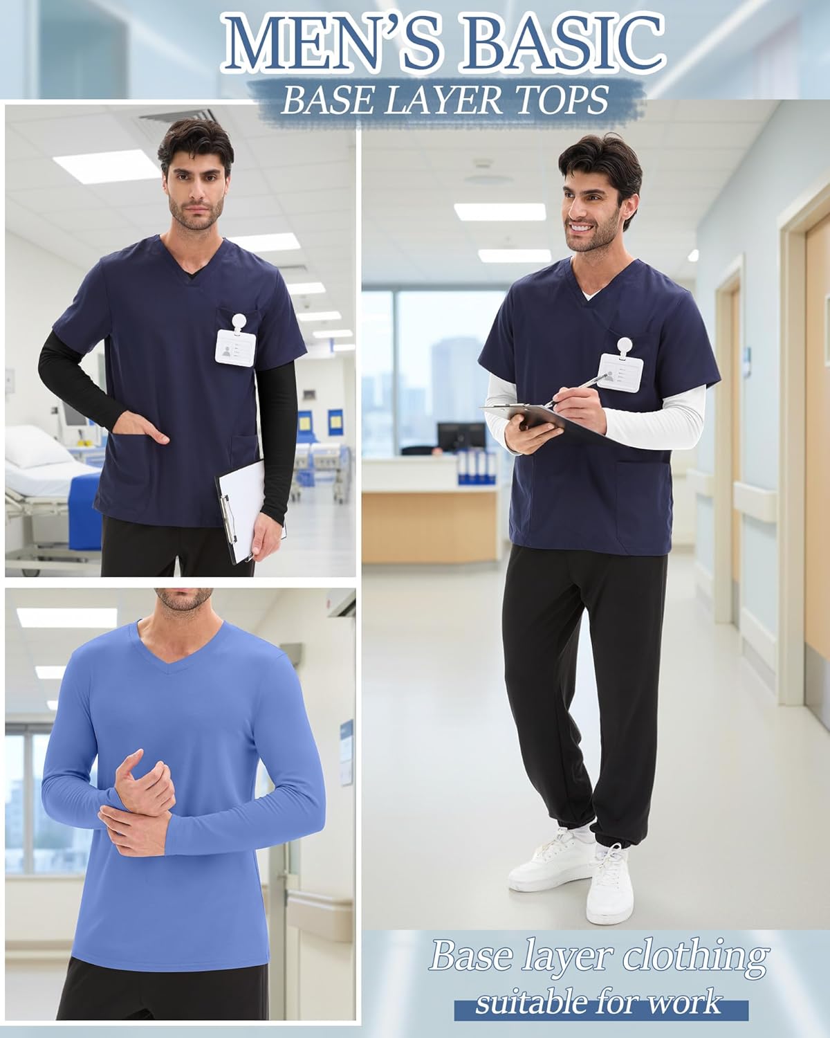 3 Pack Men's Long Sleeve Underscrub Nurse V Neck Scrub Undershirts Fitted Base Layer Tees for Medical Uniforms