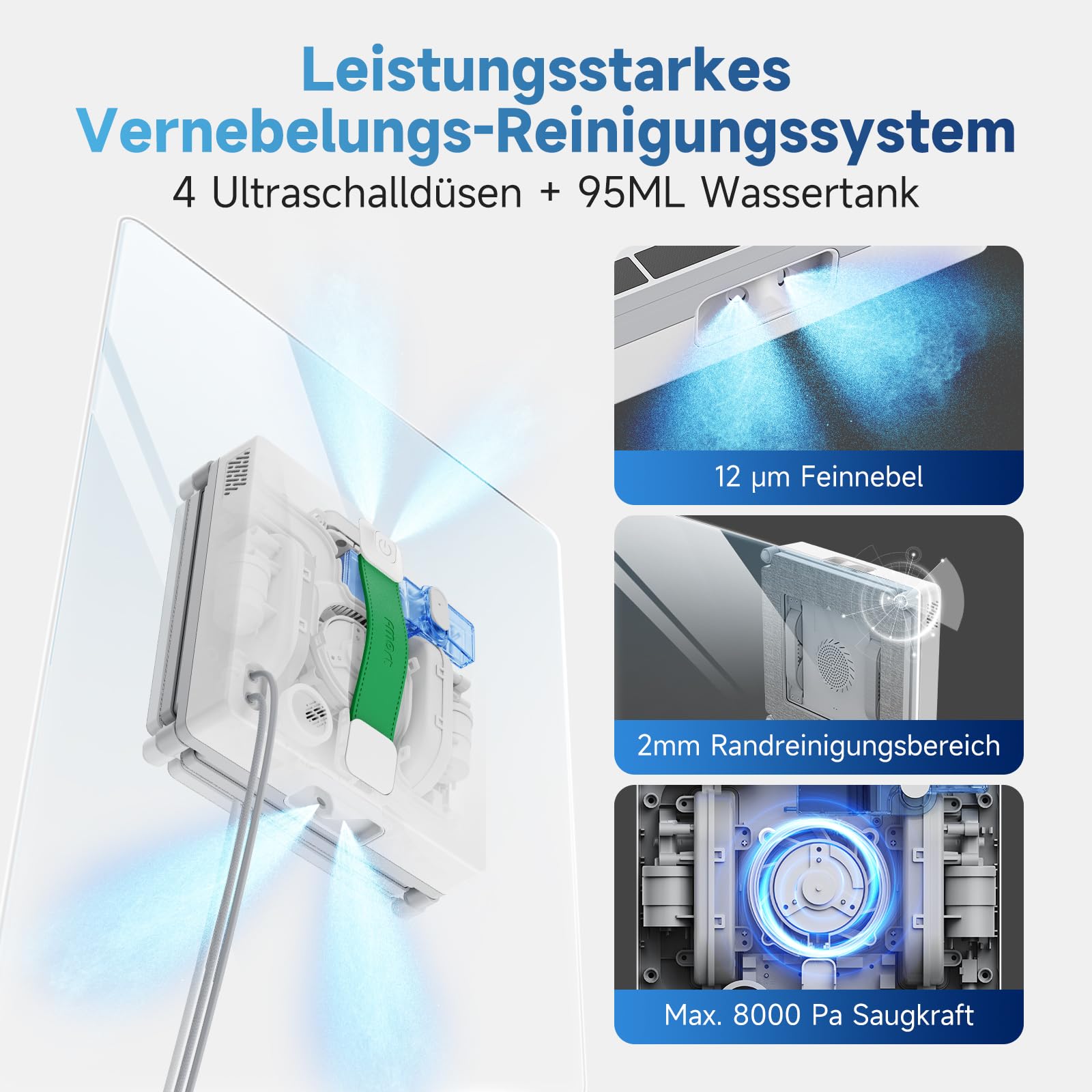 Fmart W8 fensterputzroboter mit sprühfunktion, 8000 Pa Saugkraft und Kantenerkennungstechnologie, Automatischer Fensterreiniger Roboter mit 4 Reinigungsmodi und Anti-Rutsch-System, Weiß