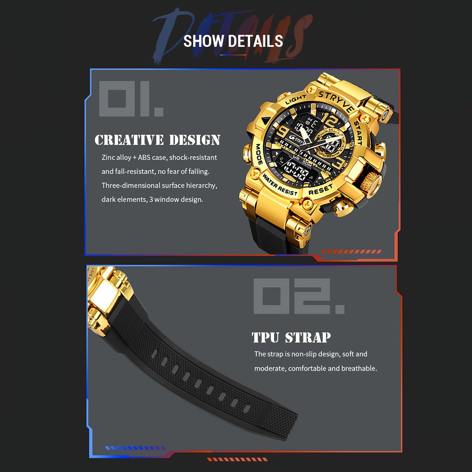 Orologio Sportivo Digitale da Uomo, Colorato e Alla Moda, Impermeabile | Cinturino in silicone, lente in vetro, impermeabile fino a 50 m, movimento digitale giapponese, quadrante grande