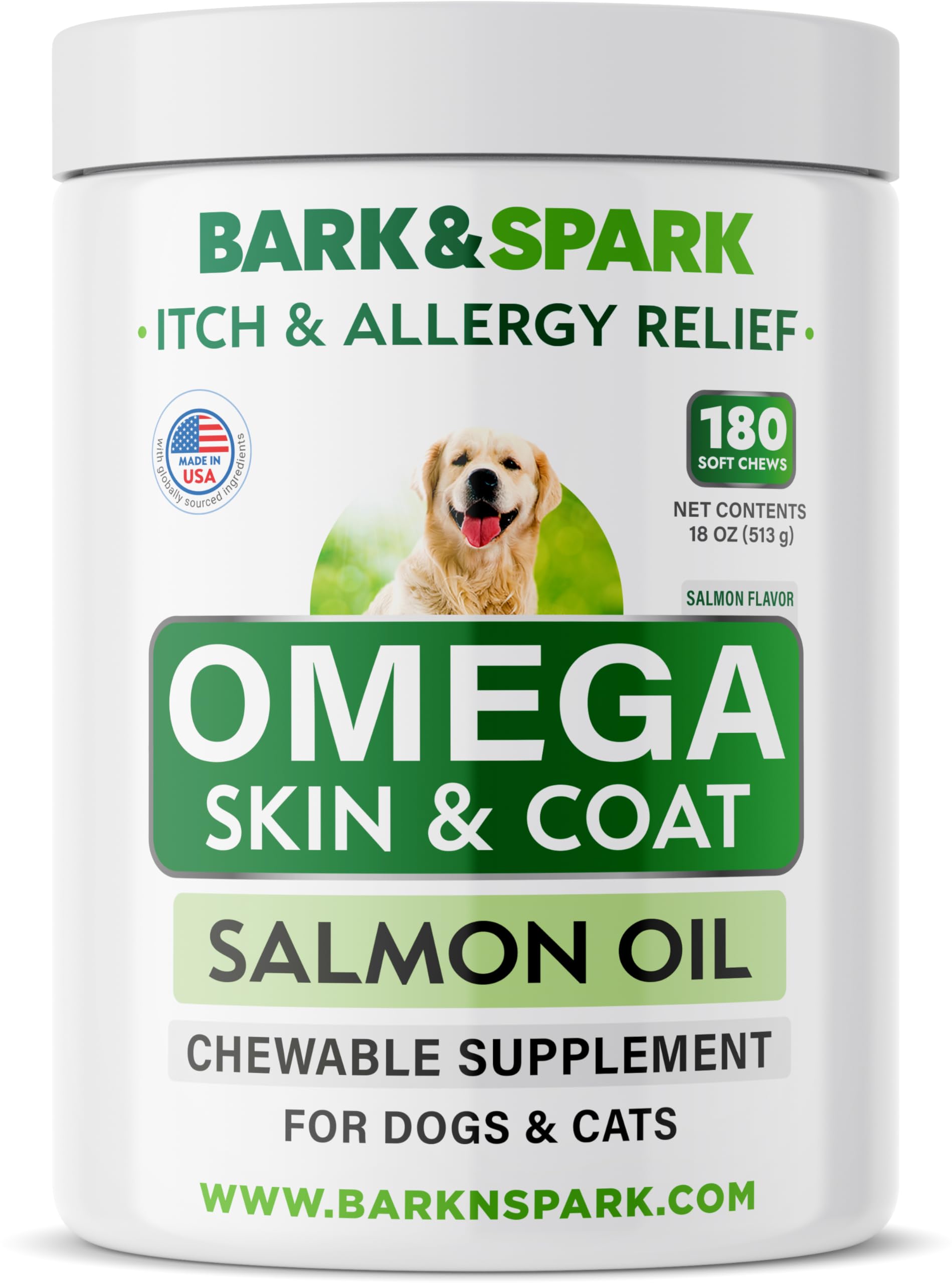BARK&SPARK Omega 3 for Dogs - 180 Fish Oil Treats for Dog Shedding, Skin Allergy, Itch Relief, Hot Spots Treatment - Joint Health - Skin and Coat Supplement - EPA & DHA Fatty Acids - Salmon Oil