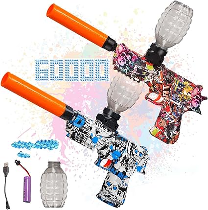 2 Pack Electric Gel Ball Blaster with Long-Range Shooting, Skull Pattern Design, USB Rechargeable, Blue and Red