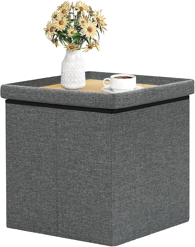 B FSOBEIIALEO Storage Ottoman with Tray, 16" Linen Small Ottomans Cube,Grey