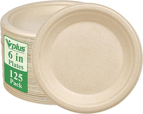 Miniatura 9 de Vplus 125 Pack 6 inch Paper Plates 100% Compostable Plates Heavy-Duty Disposable Paper Plates Bagasse Natural Biodegradable Eco-Friendly Sugarcane