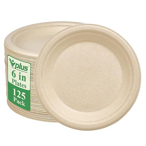 Vplus 125 Pack 6 inch Paper Plates 100% Compostable, Heavy-Duty