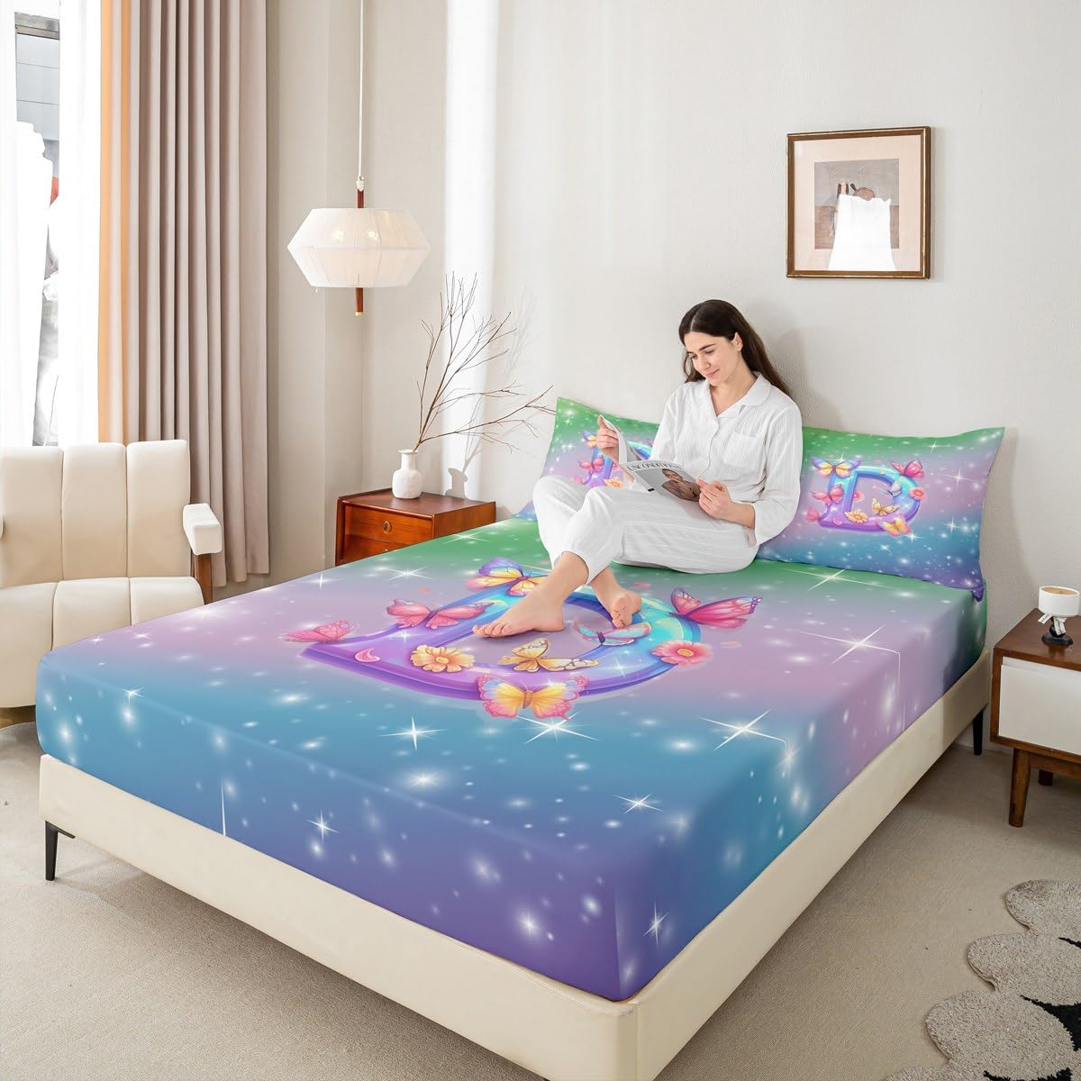 Personalized Letter D Fitted Sheet Queen,Girls Woman Butterfly Bed Sheet 3 Pieces(No Flat Sheet),Galaxy Starry Sky Bedding Set for Kids Adults,Rainbow Gradient Deep Pocket Sheett Room Decor