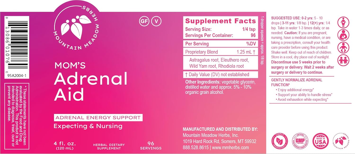 Mountain Meadow Herbs Mom's Adrenal Aid – Liquid Herbal Supplement, Natural Adrenal Support for Women, Safe for Expecting & Nursing Moms, Boosts Energy, Reduces Fatigue & Supports Hormone Balance 4oz