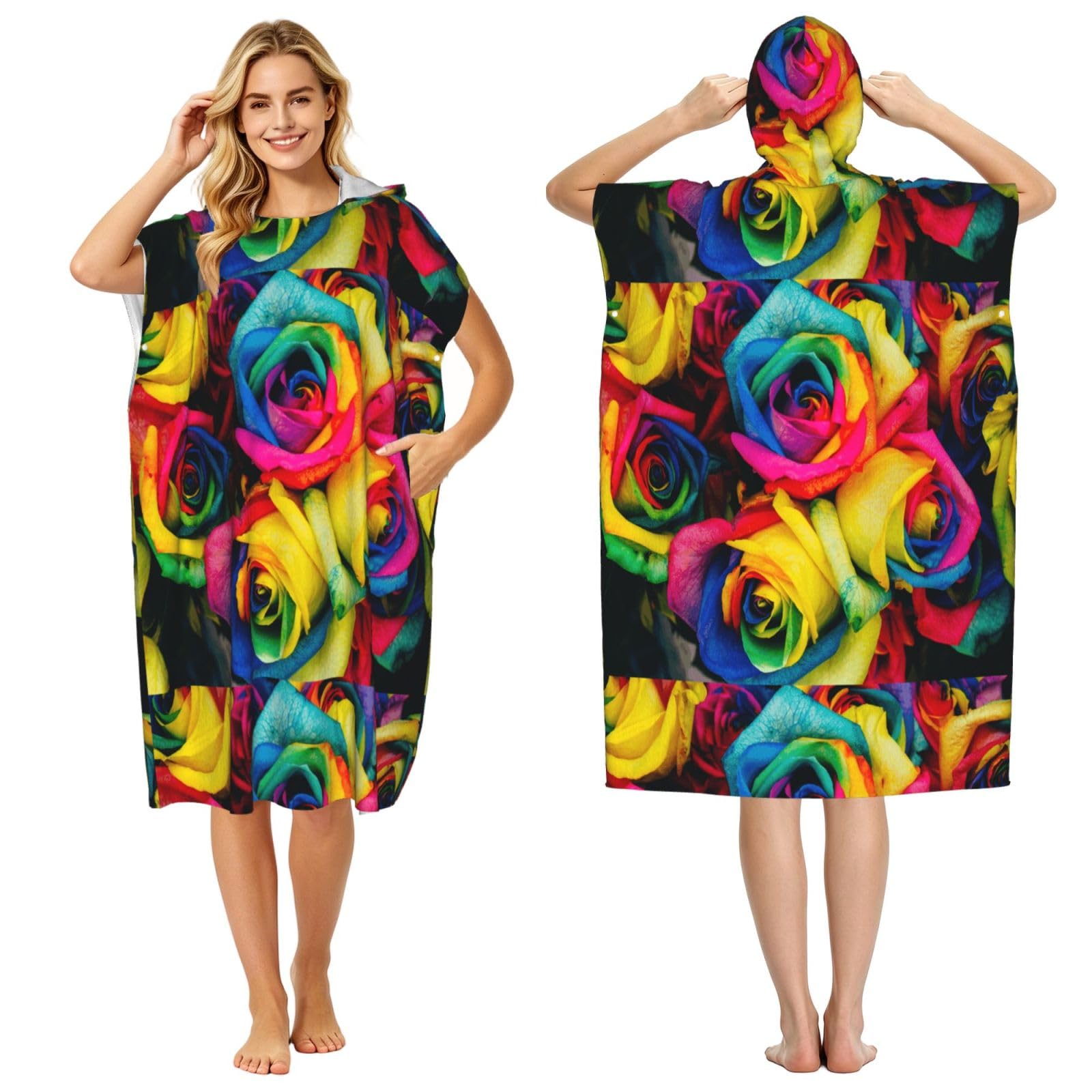 Poadnly Rainbow Petal Roses, Adult Hooded Beach Towel 90 x 110 cm,Changing Bath Robe, Surf Poncho Towel For Women Men