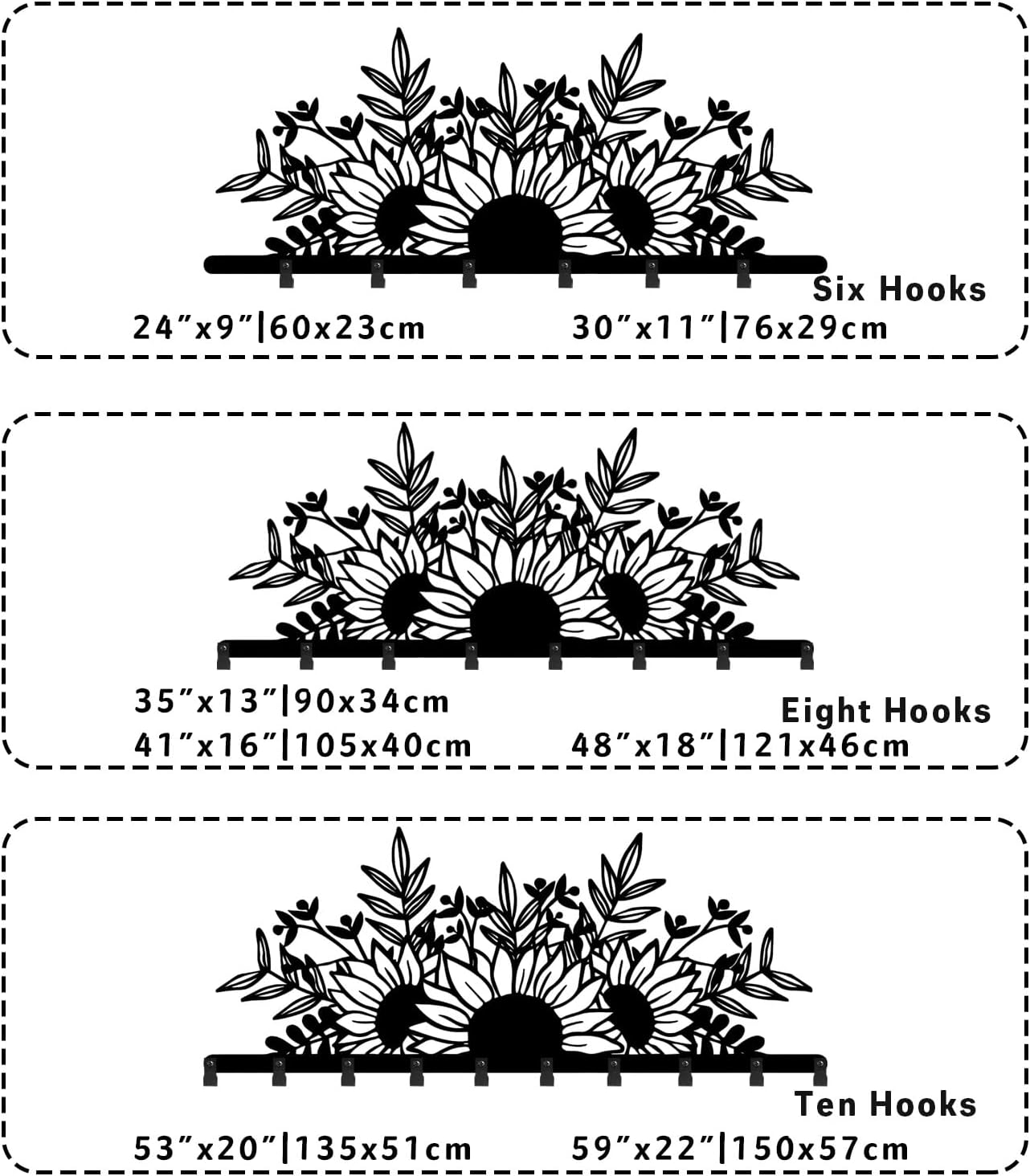 Sunflower Metal Coat Rack, Sunflower Coat Rack Wall Mount, Flower Wall Hanger, Wild Flowers Key Holder, Modern Hat Rack for Wall, Entryway Wall Decor (Black, 35" Lx13 W)