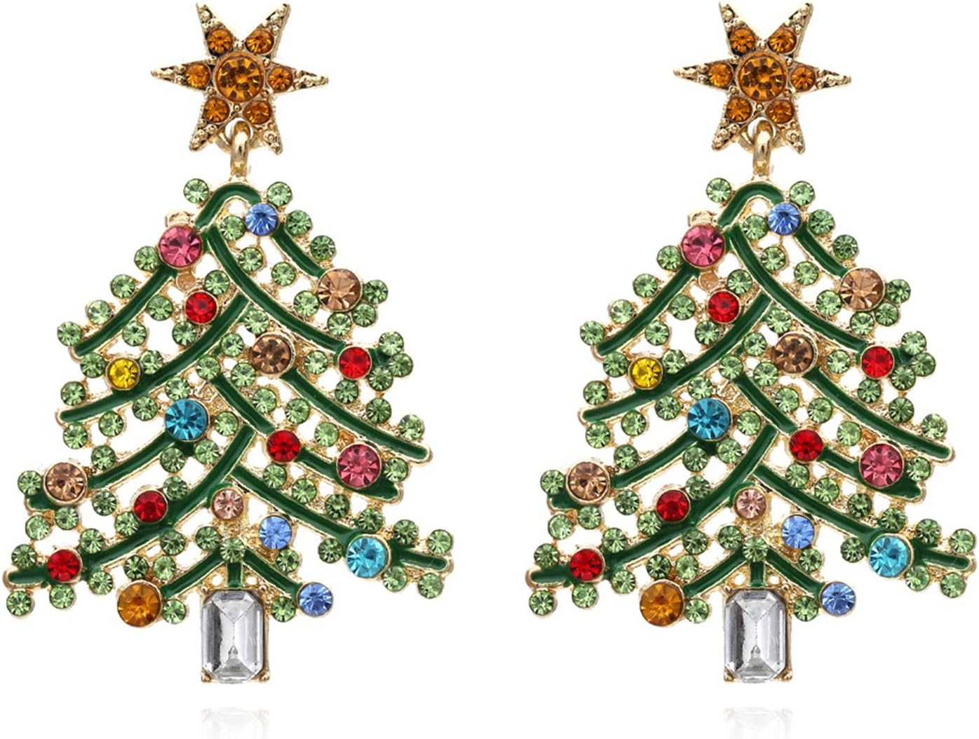 Christmas Tree Earrings for Women Girls Colorful Crystal Drop Earrings XMas Rhinestone Decoration Holiday Party Jewelry Gifts