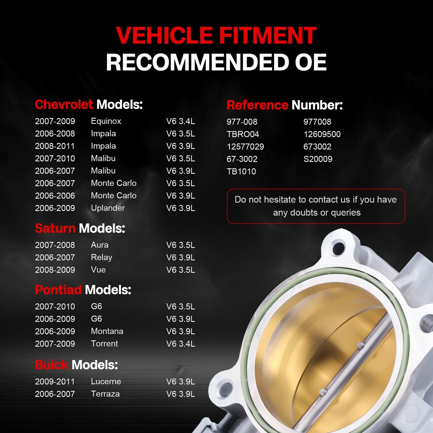 12577029 Fuel Injection Throttle Body 12609500 Compatible with Chevy Impala V6 3.5L 3.9L 2006 2007 2008 2009 2010 2011 Pontiac G6 V6 3.5L 2007 2008 2009 2010 Chevy Malibu V6 3.5L 2007 2008 2009 2010