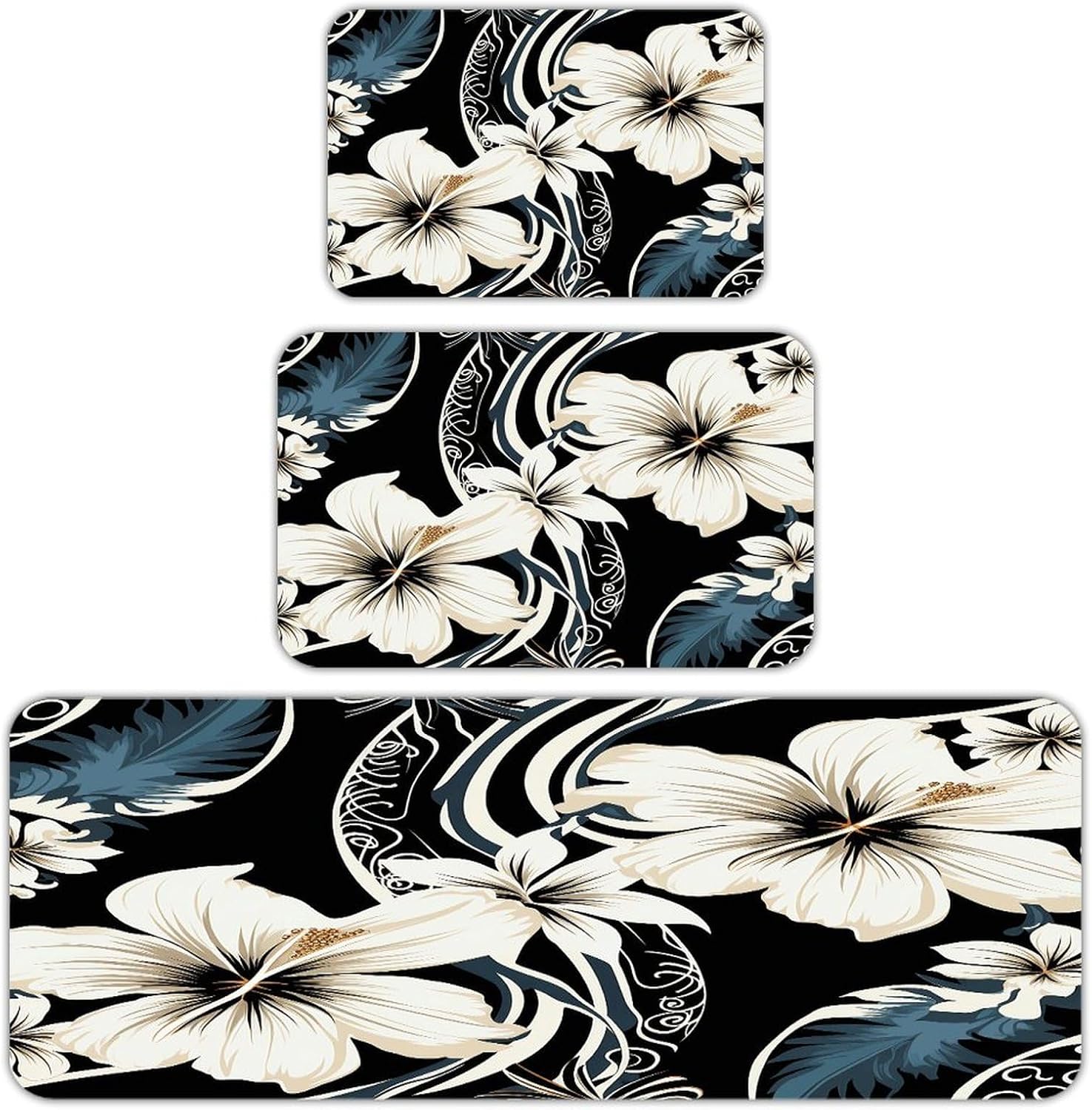 Black and White Hawaiian Flowers Kitchen Rugs Sets of 3 Non Slip Kitchen Mats for Floor Farmhouse Kitchen Sink Mat Thick Comfort Standing Mat for Laundry Room Hallway Bathroom