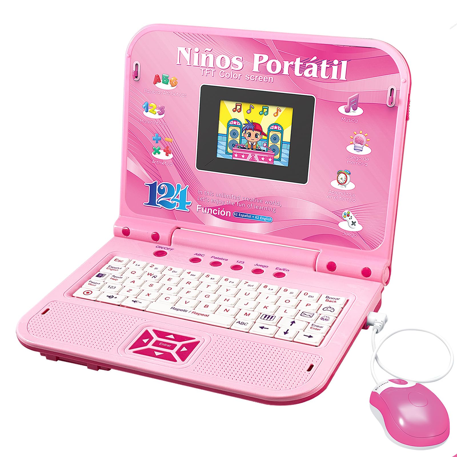 Ordenador Infantil Bilingüe Juguete 124 Actividades Matemáticas Vocabulario Música Jugar Regalo Niños Niñas Rosa