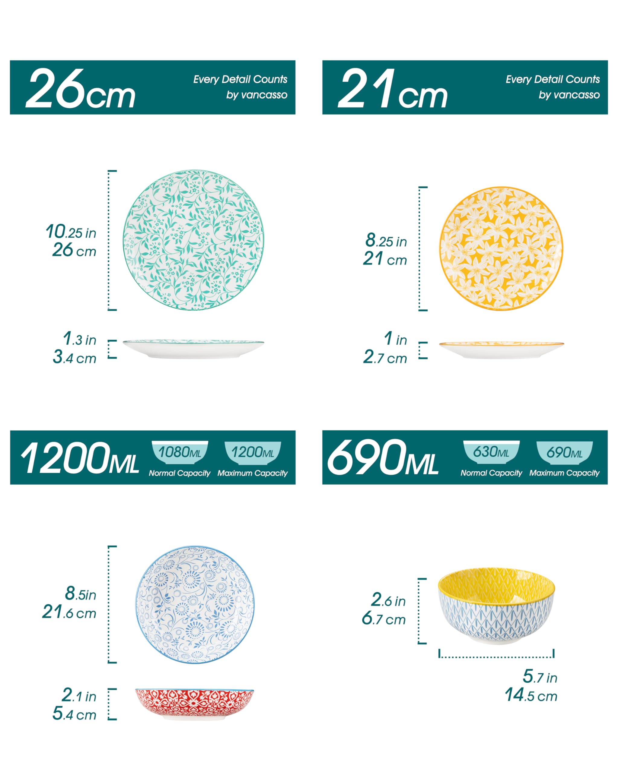 vancasso Selene zestaw obiadowy dla 4 osób, 16-częściowy zestaw kolorowych porcelanowych talerzy i misek, odporne na zarysowania, zestaw naczyń Mircowave, nadaje się do mycia w zmywarce