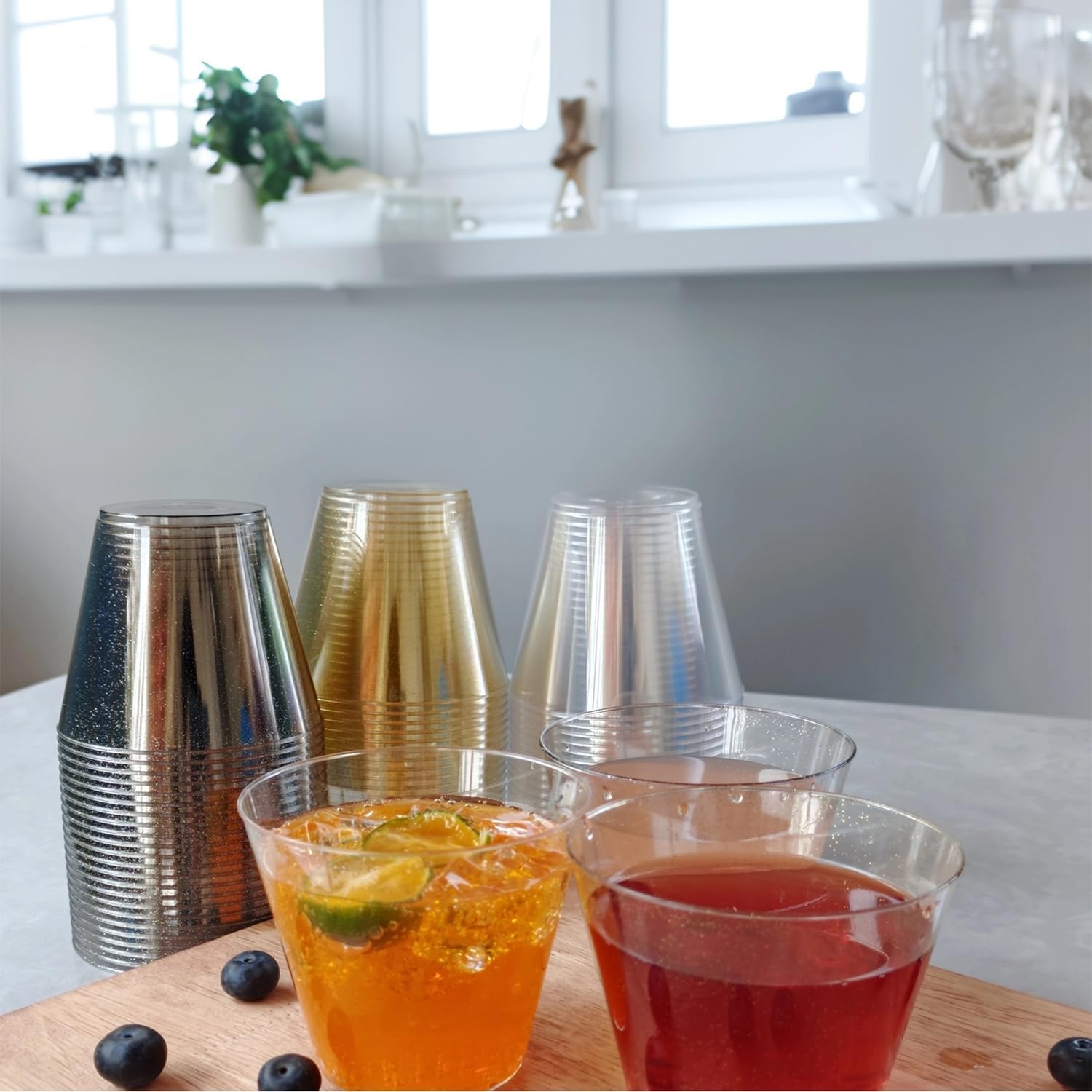 50 Pack Plastic Cups, 9 oz Glitter Disposable Gold Cups, Clear Plastic Tumblers and Clear Party Cup for Weddings, Birthday,Thanksgiving, Christmas,etc. - Image 6