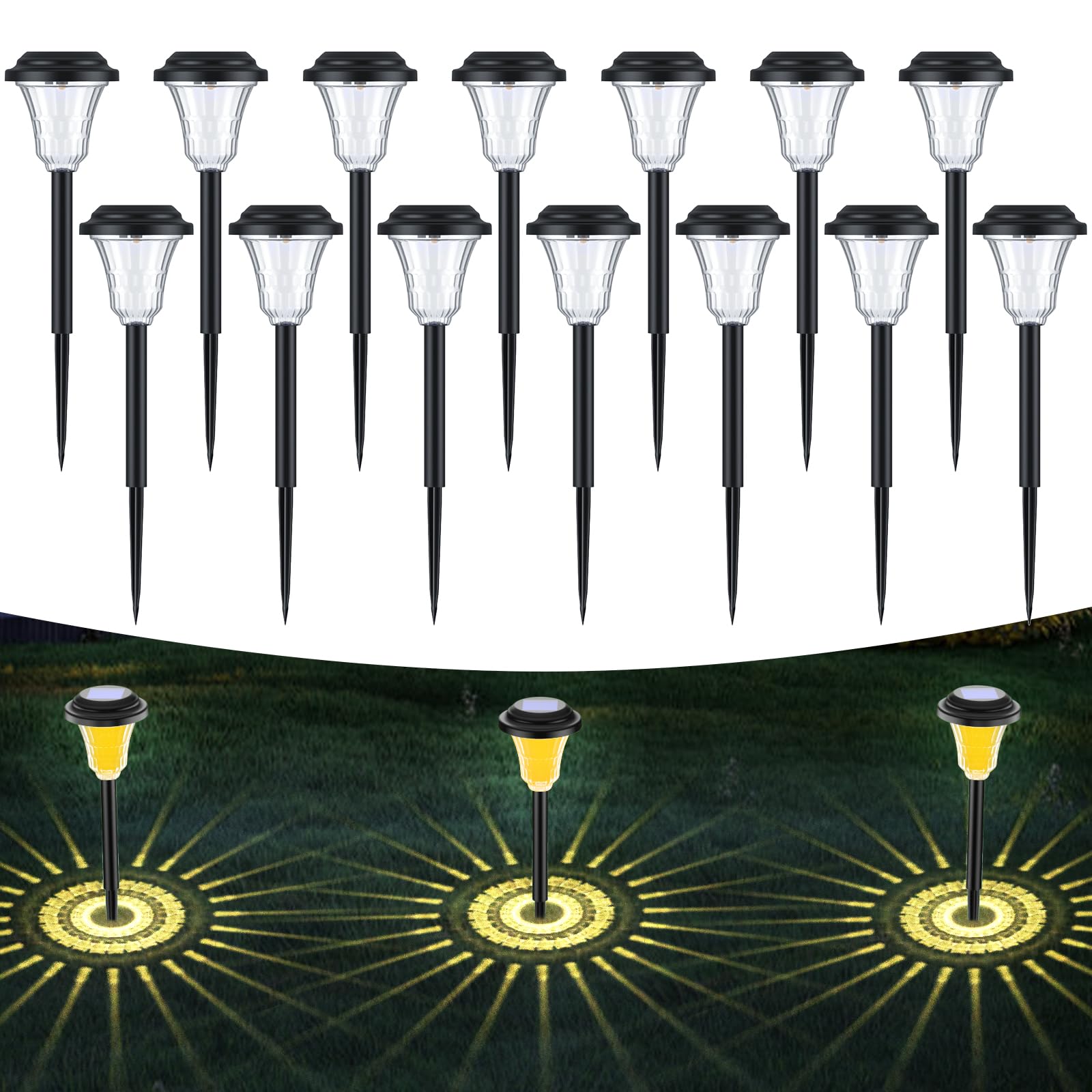 Wudyfei Solar Lights Outdoor Garden, 14 Pack LED Garden Lights Solar Powered Waterproof, Auto On/Off Unique Decorative Glow Pathway Lighting for Patio, Lawn, Yard, Walkway, Path Decor(Warm White)