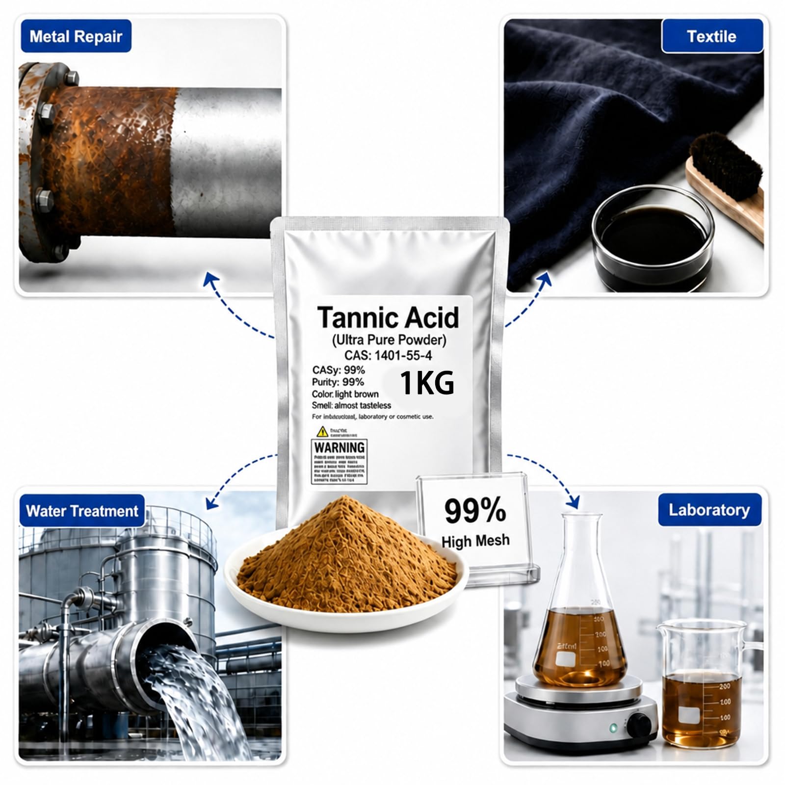 300 g de ácido tánico, ácido tánico en polvo 99%-1kg | Curtido de cuero |Reactivo industrial de grado laboratorio | Inhibidor de corrosión de metales|la prevención de la oxidación