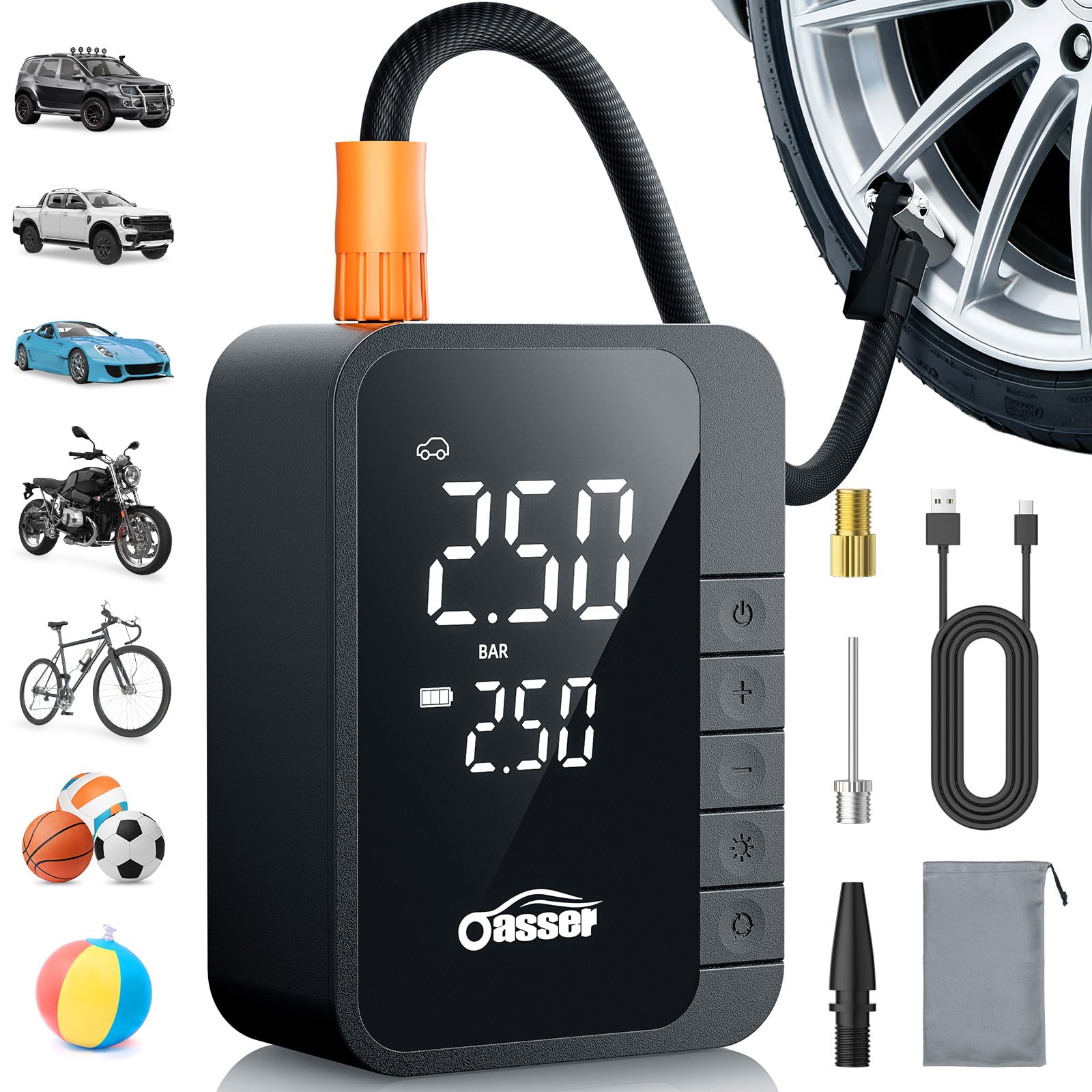 Oasser Portable Air Compressor 6000mAh 150 PSI (10.3 Bar) Inflator Wheels Car 19 mm Cylinder Small LED Light Storage Bag Two-Way Charging for Car Motorcycle Bike Ball