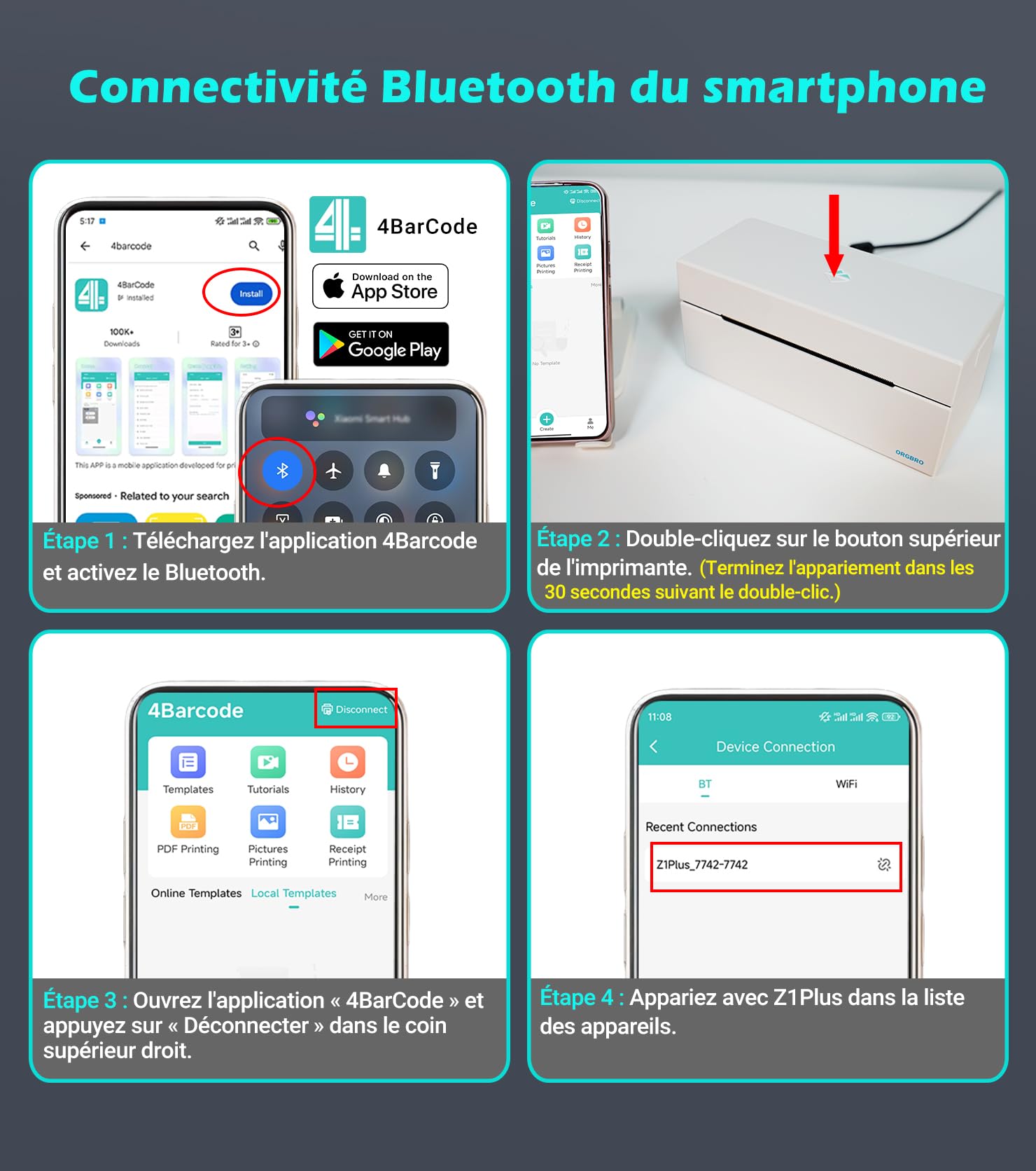 ORGBRO Z1 Plus Imprimante Thermique Bluetooth 4x6 Étiquettes Expédition Compatible Amazon eBay Shopify Blanc