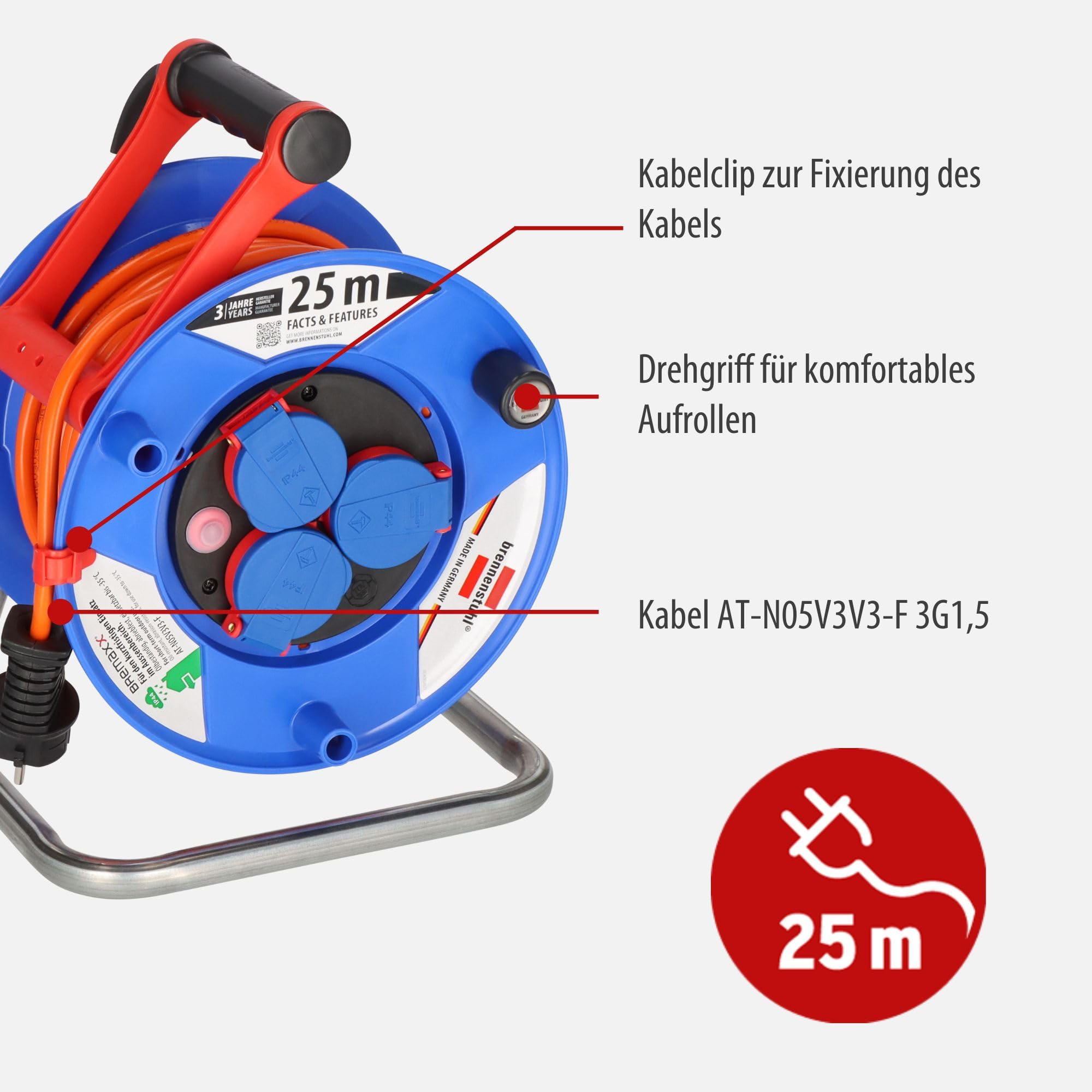 Brennenstuhl Garant Serie IP44 Lizenziert 25 Meter Spule Verlängerungskabel orange