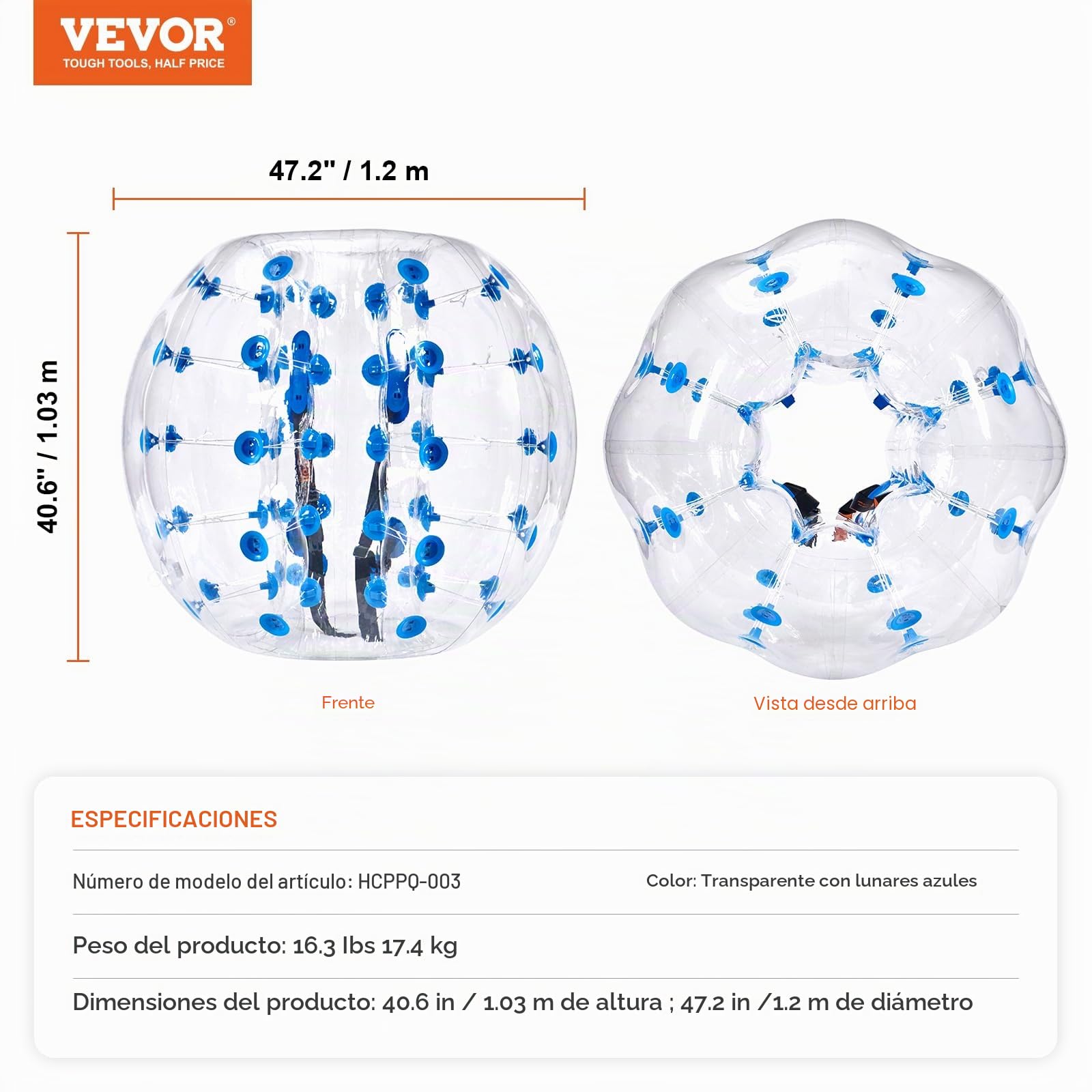 VEVOR Balón Inflable de 1 Pieza de 1,2 m x 1,03 m, Bola de colisión Humana, de PVC, para Actividades al Aire Libre, Transparente y Azul