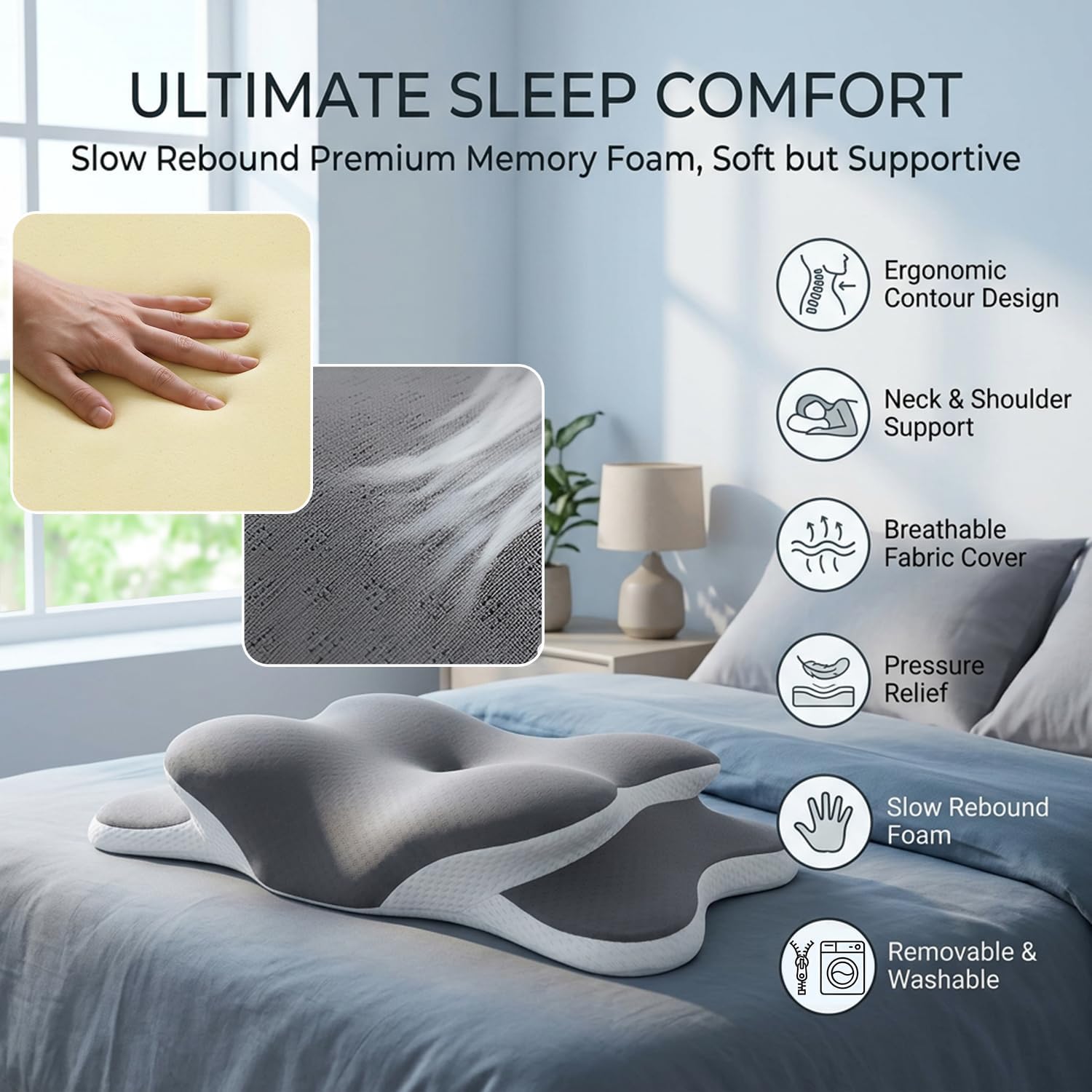 Esup Ergonomic Cervical Neck Pillow for Pain Relief, Memory Foam Orthopedic Bed Pillow, Adjustable Height Contour Pillow for Sleeping, Ideal for Side, Back, and Stomach Sleepers (Gray)