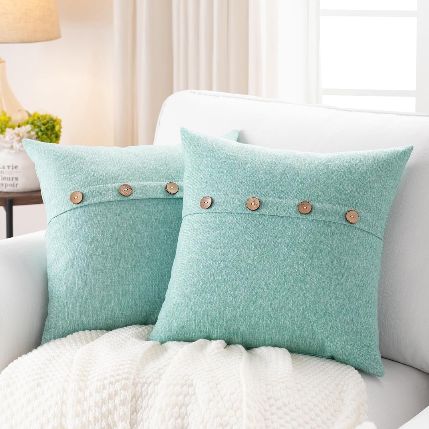 Meekio Set of 2 Aqua Green Pillow Covers 16 x 16 Linen Pillow Covers with Coconut Buttons Farmhouse Décor Housewarming Gifts