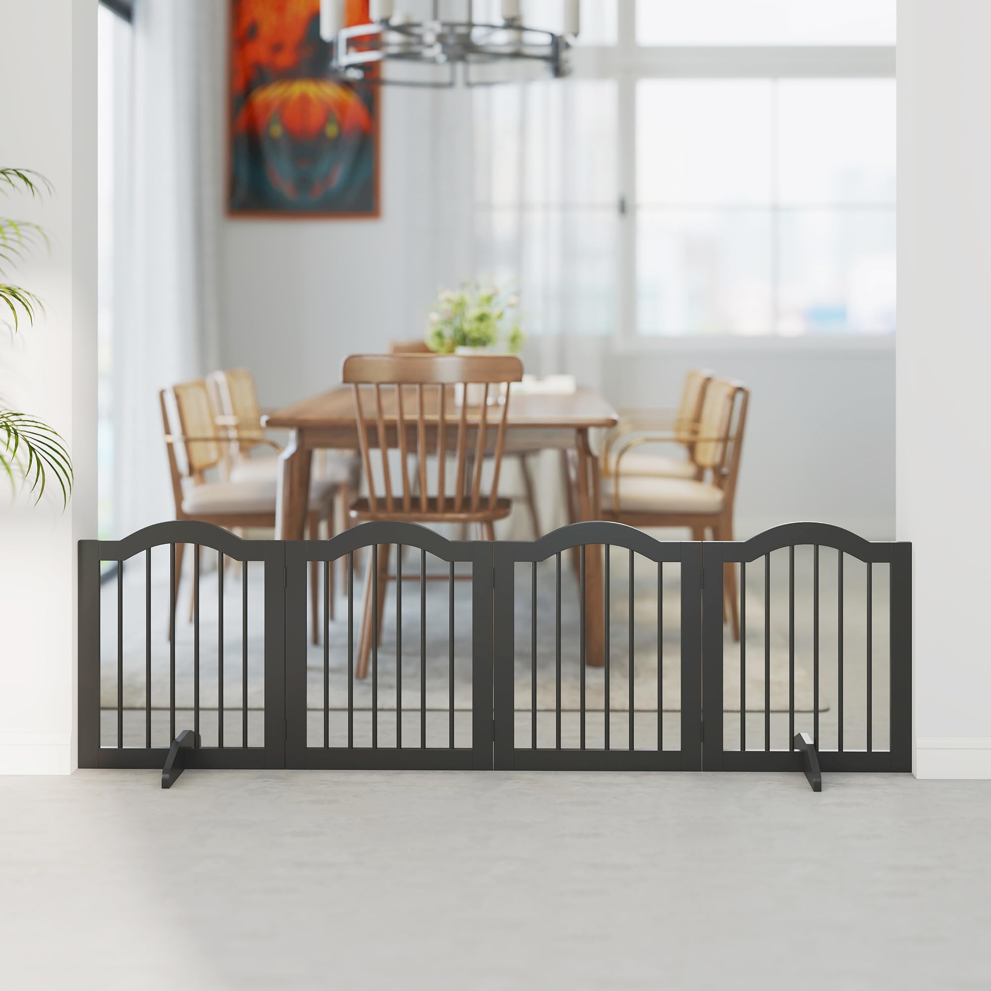 PawHut Valla Barrera Perro 4 Piezas, 208 x 61 cm Valla Plegable para Perros con Puerta, Valla Protectora de Puerta con 2 pies de Apoyo, Puerta de Escalera Independiente para Cocina, Pasillo, Negro | Rejilla para perros de 4 piezas con puerta, con 2 patas