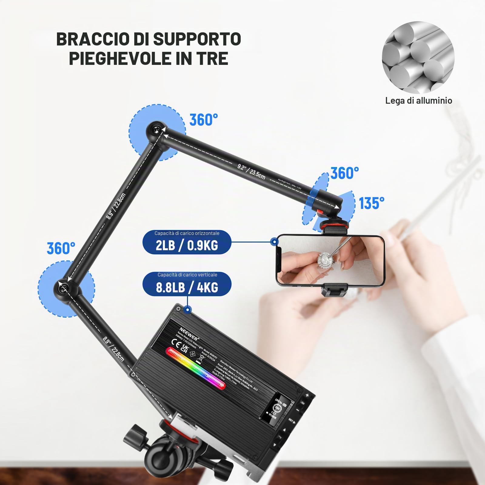 NEEWER Supporto Fotocamera da Alto Aggiornato+Braccio Fotocamera Ripieghevole(Max 2lb),1.2m Supporto Tavolo Telescopico (Max 8,8lb) con Portatelefono Testa Sfera per Luce LED Webcam Mic,TL253A+MH022