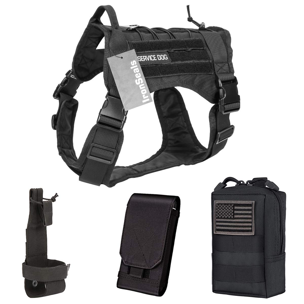 IronSeals Bundle Tactical Service Dog Vest Molle Dog Harness with Handles & Multi-Purpose Pouch & Water Bottle Holder Belt for Outdoor Walking Running Hiking Cycling