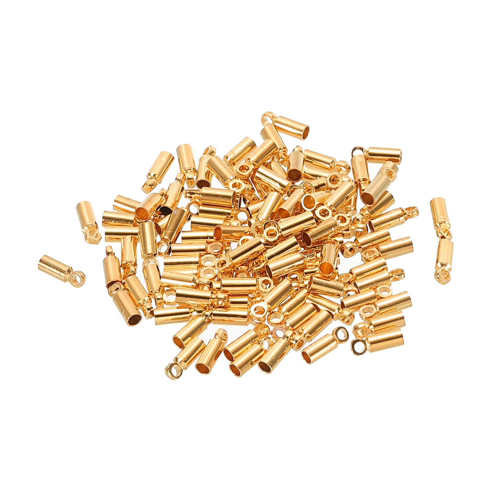 PATIKIL 100Pcs Cord End Caps 1.4mm End Cap Barrel Beads Kumihimo End Caps Brass for Leather Cord, Tassels, Jewelry Making 2mm Length Light Gold