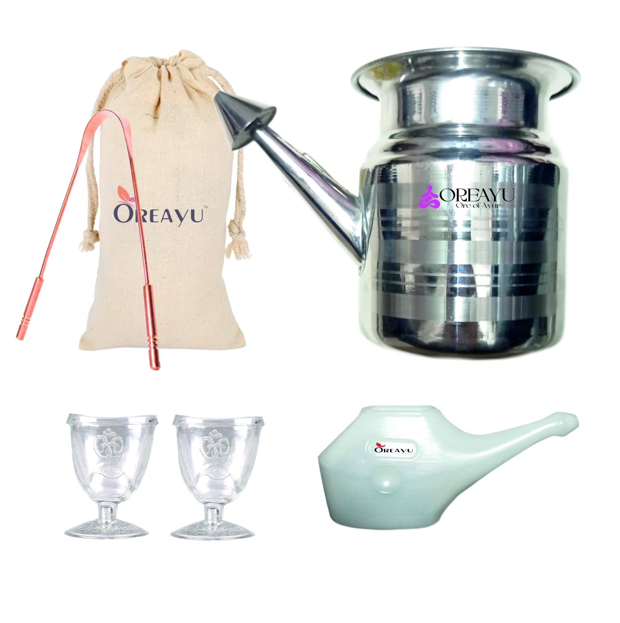 OREAYU ™ Yoga and Ayurveda Steel Jala Neti Pot for Sinus, Nose Irrigation and Cleaning (600 ml) Steel Neti, Eye Wash Cup, Copper Tongue Cleaner and Plastic Neti Pot (4 Combo)-image-33
