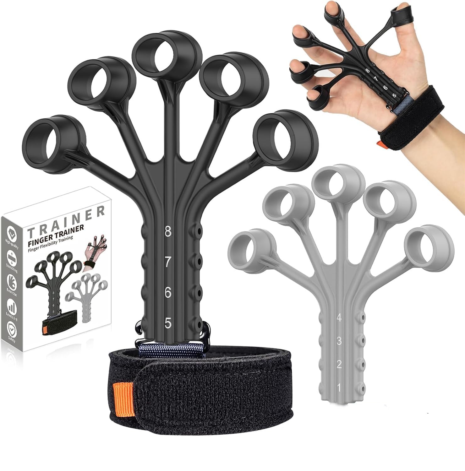 Finger Exerciser Finger Stretcher Finger Resistance Band Guitar Strength Trainer Reverse Grip Strengthener Climbing Exercise Equipment Finger Extensor Strengthener for Wrist Hand, 1-8 LB Resistance Levels, Black and Grey, Adjustable Wrist Strap