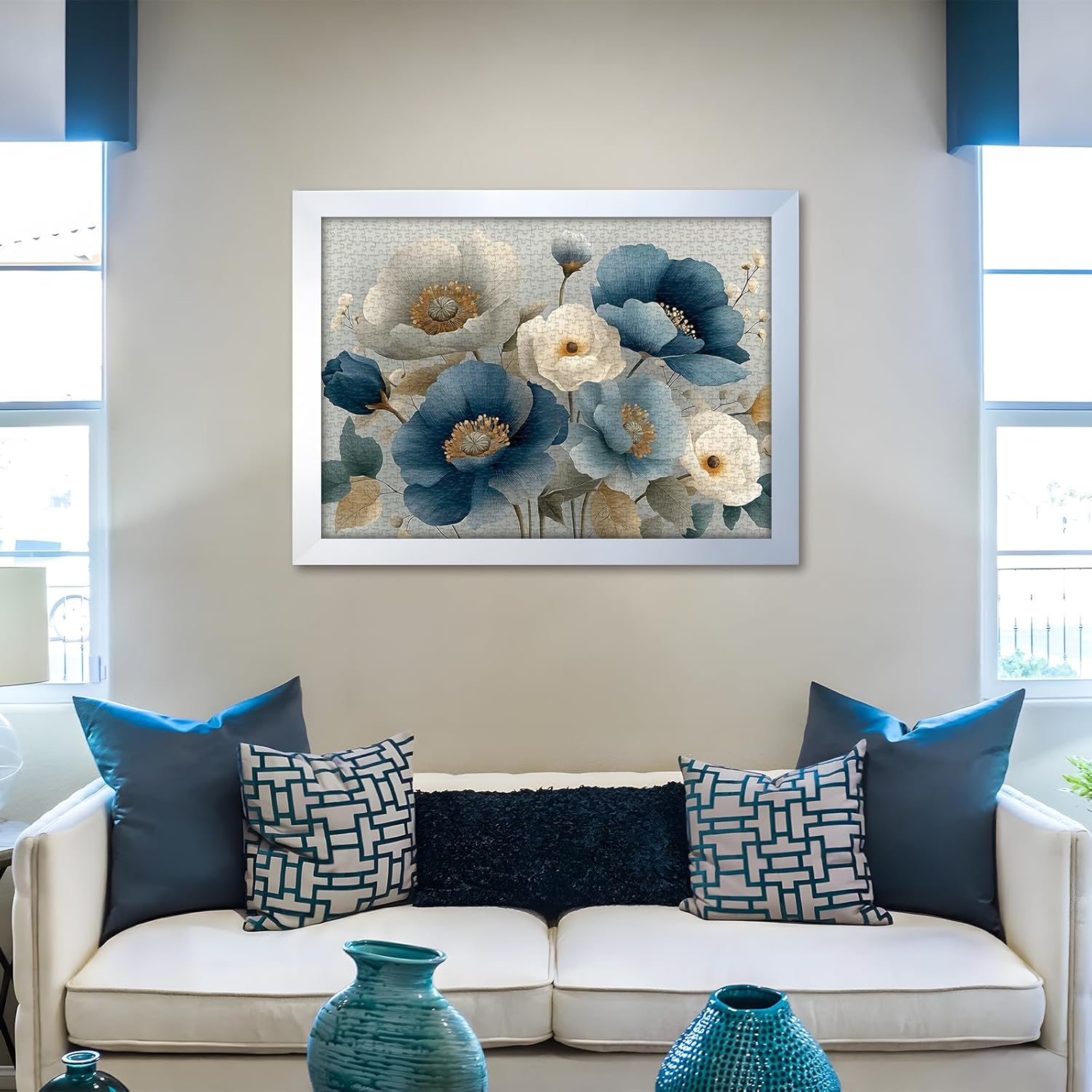 Elegant Flower Puzzles for Adults 1000 Pieces, Vintage Blue White Floral Jigsaw Puzzle, Flower Artistic Puzzle Challenge for Adults Art, Elegant Home Decor