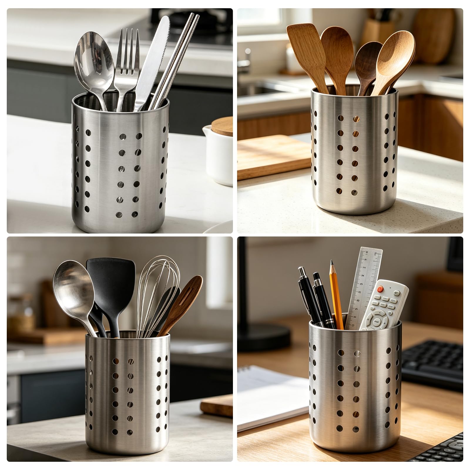 2 Stück Küchenutensilienhalter Silber Utensilienhalter Küche Besteckkorb Tisch Kochutensilien Aufbewahrung Küchenhelfer Edelstahl Besteckhalter für Küchenutensilien und Geschir, 9,5×12,5cm