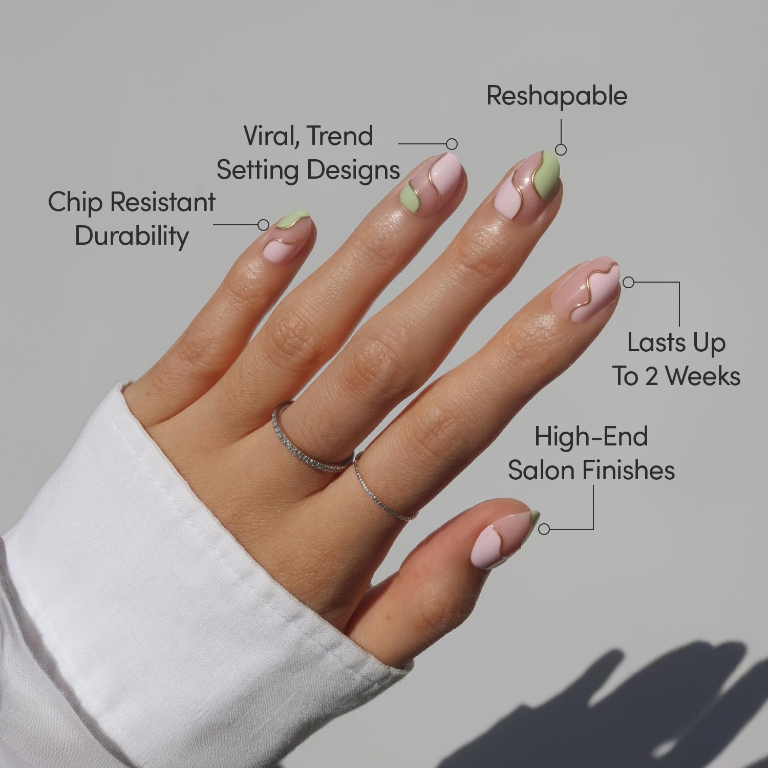 Glamnetic Press On Nails - Strawberry Matcha | Short Oval Fake Nails with Pink & Green Swirl Design and Gold Foil Accents in Glossy Finish, Salon Quality | 15 Sizes - 30 Nail Kit with Glue - 4