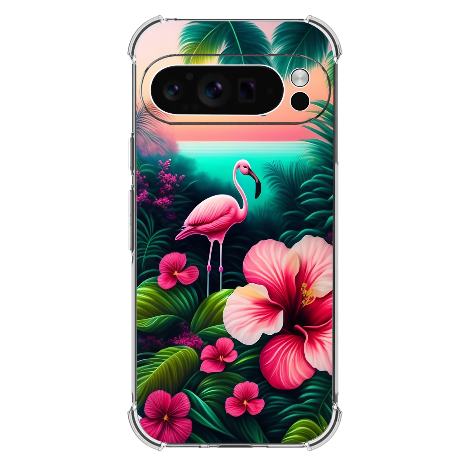 Beaucov Case for Pixel 9 Pro,Pink Flamingo Flowers Bird Drop Protection Shockproof Case TPU Full Body Protective Scratch-Resistant Cover for Google