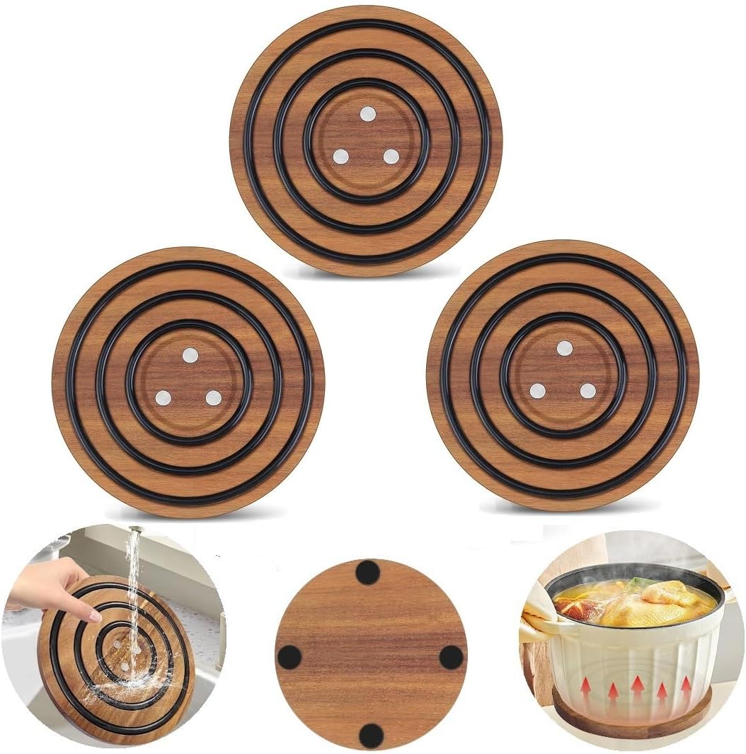 Magnetic Pot Trivet, Magnetic Pot Holder, Magnetic Trivets for Hot Pots and Pans, Magnetic Pot Coaster, Magnetic Trivet Wood, Magnetic Pot Holder Stand Pad for Enameled Cast Iron Dutch (3 pcs Trivet)
