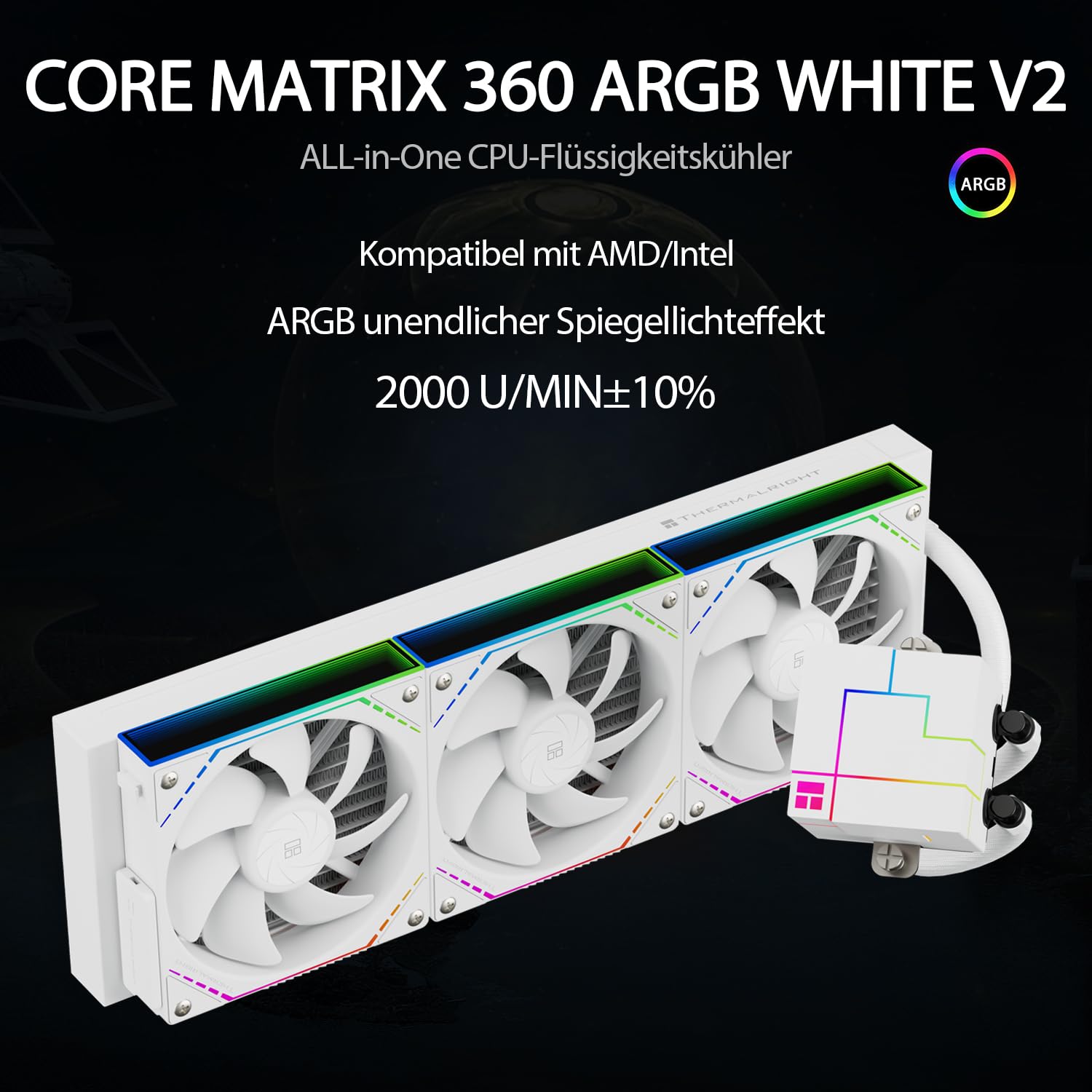 TR-Thermalright Enfriador líquido Core Matrix 360 ARGB White V2 para CPU, enfriador AIO de 360 mm, ventilador de conexión inalámbrica modular, 2000 rev/min, para AM5, Intel LGA1851/1700/115x/1200