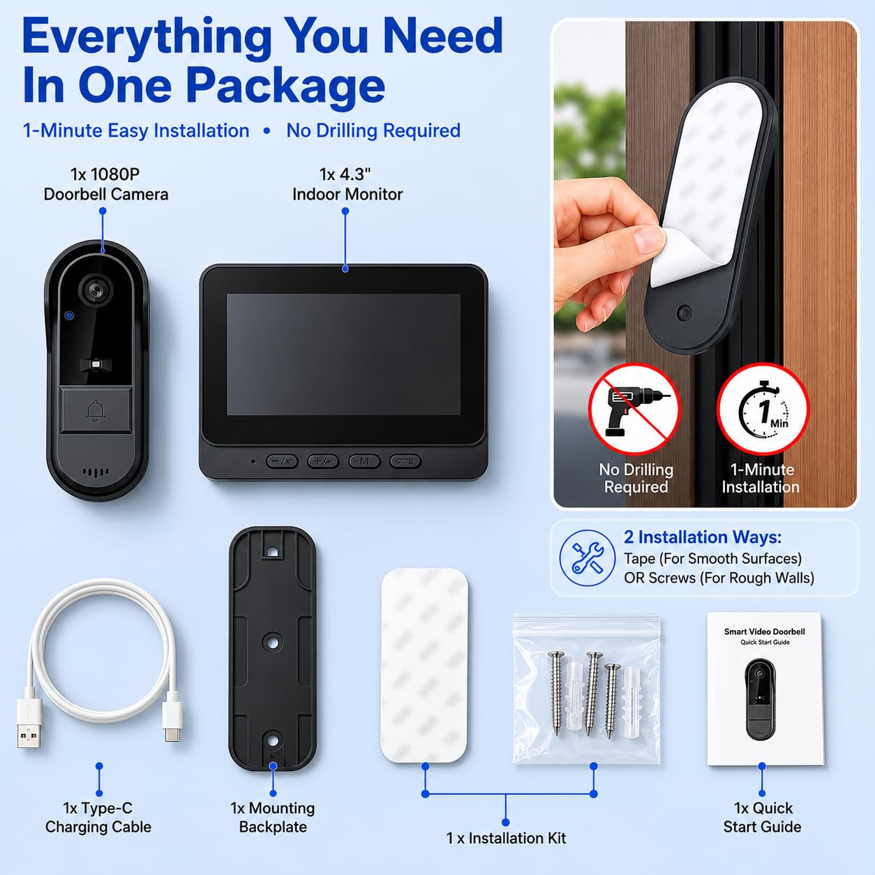 TKMARS Timbre Inalámbrico con Cámara para Exteriores IP67 Impermeable, Videoportero Inalambrico con 1080P Ultra Gran Angular de 170°, Video Portero con Pantalla IPS de 4,3 Pulgadas, sin WiFi ni App