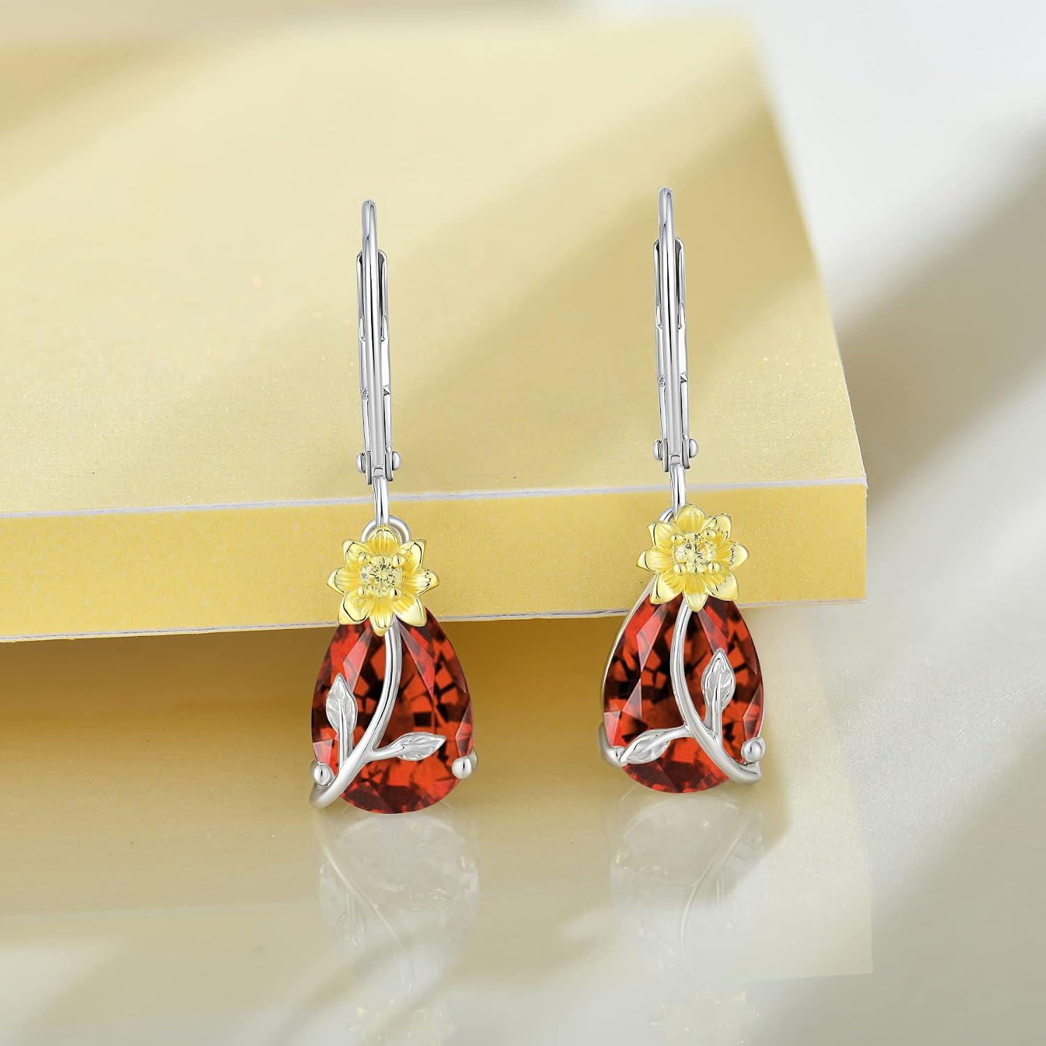 JO WISDOM Dangle Drop Earrings for Women 925 Sterling Silver Leverback Earrings Sunflower Cubic Zirconia Birthstone Jewelry Gifts for Mothers Day