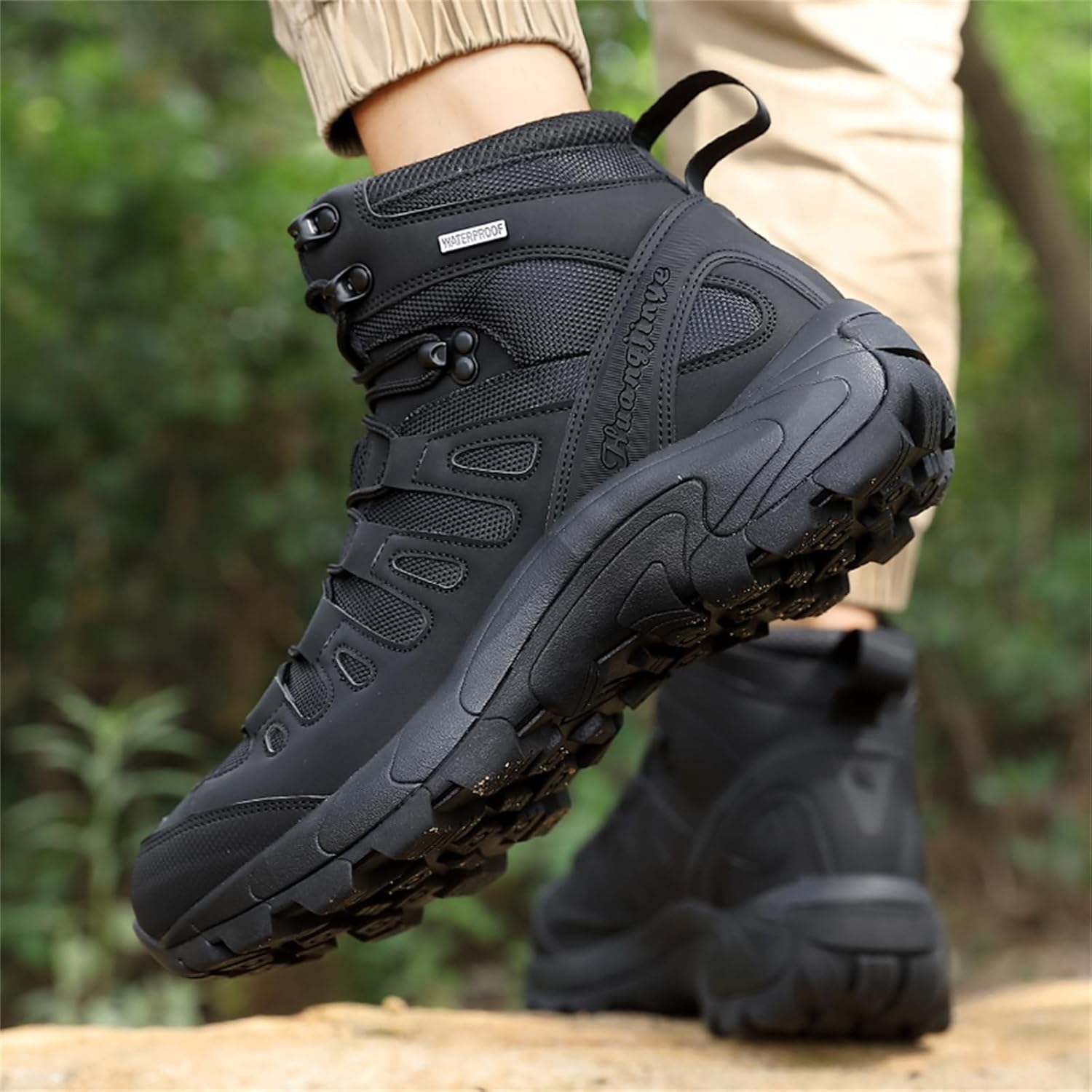 Men's Leather Mid Top Lace Up Waterproof Ankle Hiking Backpacking Boots Casual Round Toe Non Slip Military Tactical Boots for Trail Trekking Camping Walking Hunting Hiking Adventures Outdoor