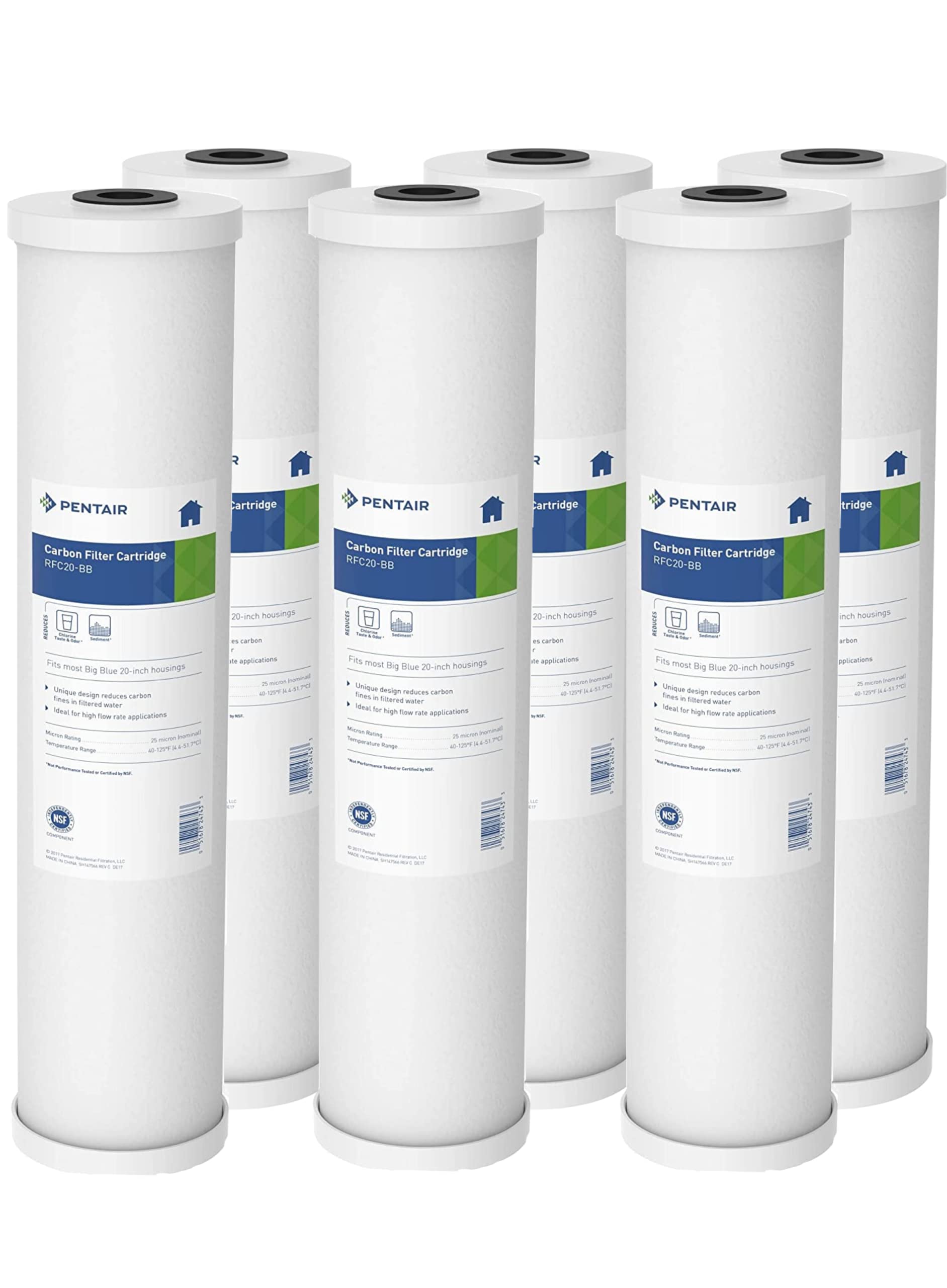 PentekPentair RFC-20BB Big Blue Carbon Water Filter, 20-Inch, Whole House Heavy Duty Radial Flow Carbon Replacement Cartridge with Granular Carbon (GAC) Filter, 20" x 4.5", 25 Micron, Pack of 6