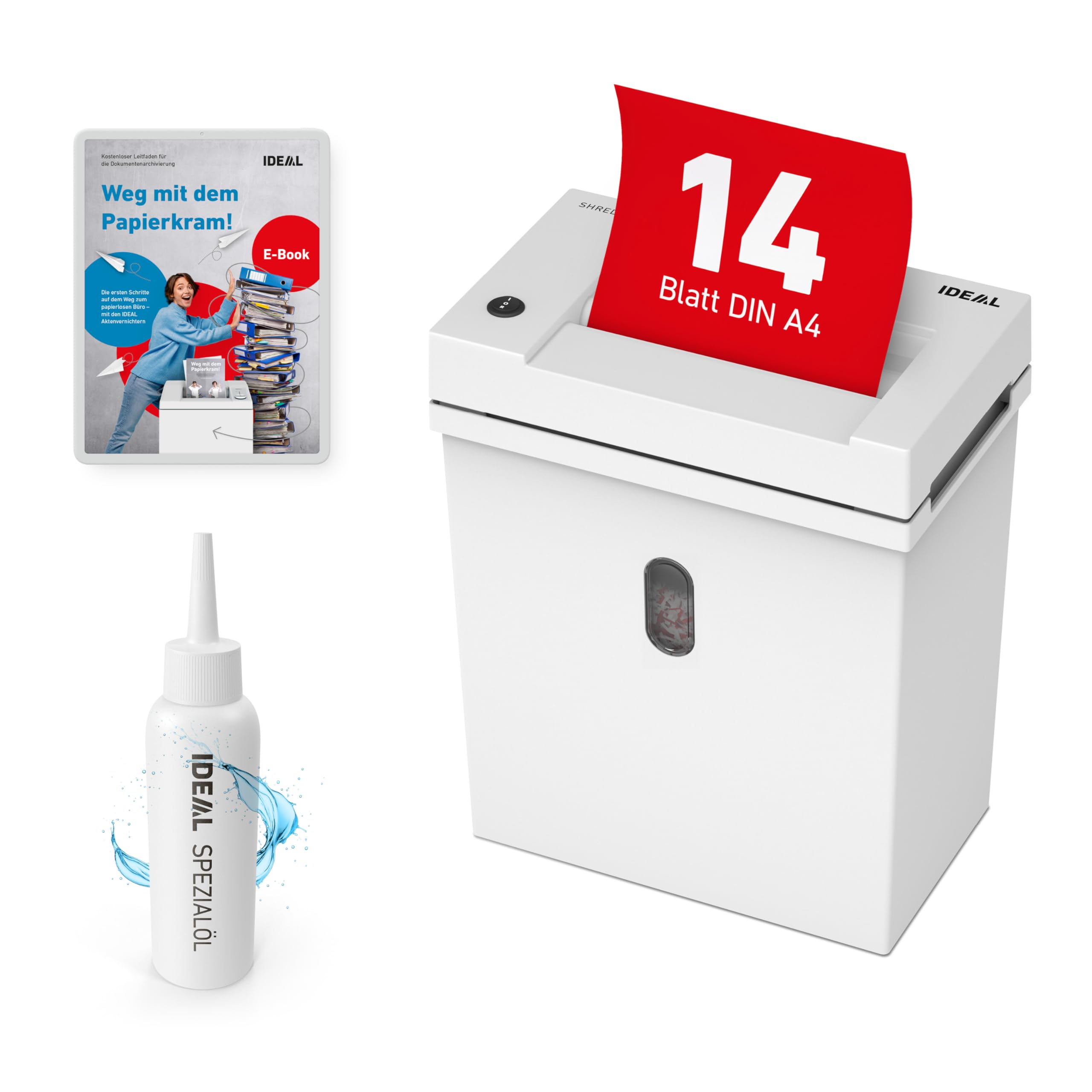 Aktenvernichter IDEAL Shredcat 8200 DataCare Edition inkl.Spezialöl & Datenschutz-E-Book,14 Blatt, Partikelschnitt 4x40mm, P-4 leise & zuverlässig, perfekt für sicheres schreddern im Büro/Homeoffice