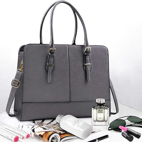 Miniatura 7 de Bolso de cuero para computador portátil de 15.6 pulgadas para mujer, bolso de hombro cruzado para computador y negocios, gran capacidad, gris