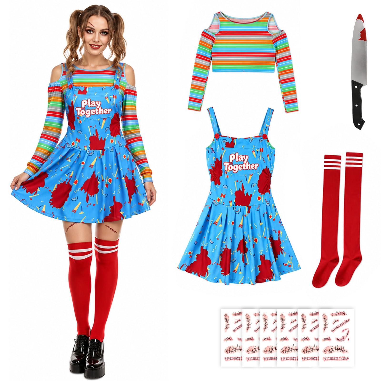 Adult Creepy Doll Costume for Women 5-Piece Halloween Fancy Dress Set