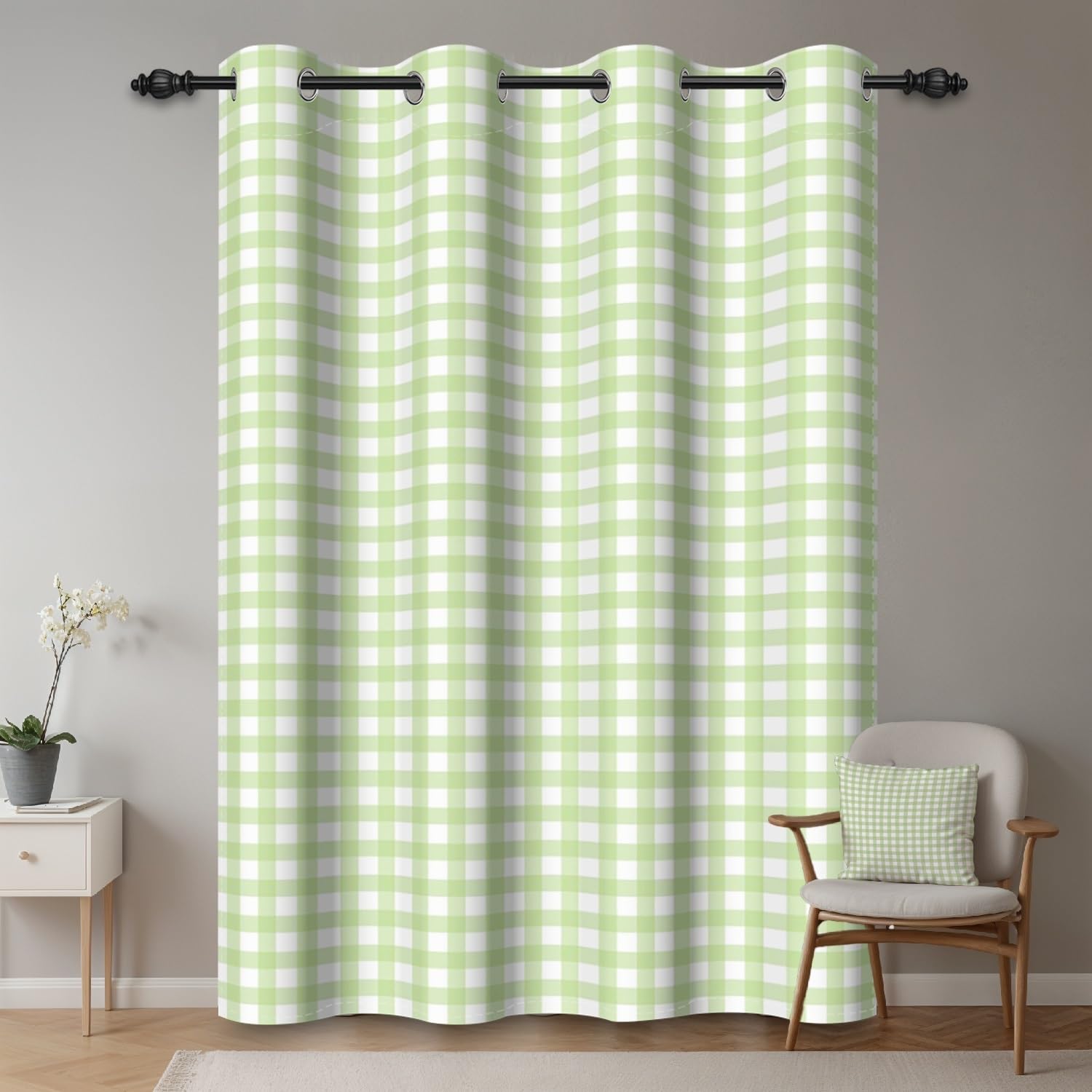 ggaimwf 132x214cm Plaid Eyelet Curtain Buffalo Check Light Green and White Gingham Squares Pattern Modern Farmhouse Thermal Grommet Blackout Window Drapes for Bedroom Living Room 1 Single Panel - Image 2