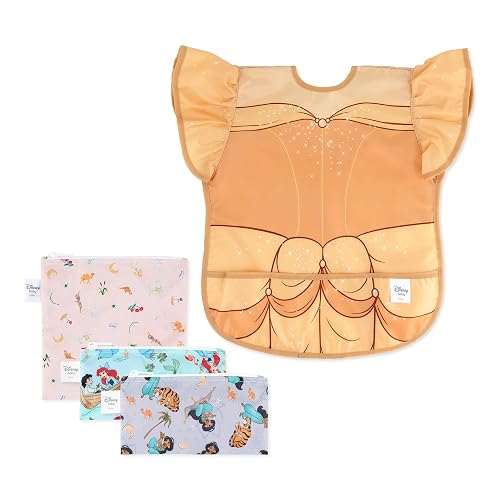 Bumkins Disney Ruffle Apron Bib and 3-pack Snack Bags, Waterproof Fabric, Belle